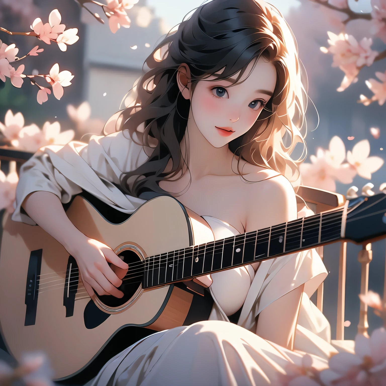 Super wide angle shot as petals fall gently and surrounded by cherry blossoms: Pull the camera back from the subject, high angle shot, naked woman playing guitar