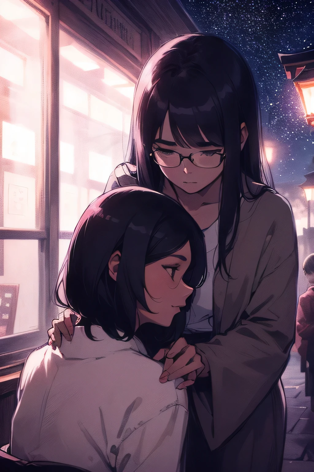 On a serene night in the picturesque Japantown, two young women meet in a cozy cafe. Una de ellas, the tallest and who wears glasses, lleva el cabello largo y suelto, destacando su rostro delicadamente contorneado. Sus anteojos, de montura delgada y estilo moderno, They add an intellectual touch to your appearance, mientras que la luz tenue de la noche refleja sutilmente en sus cristales, creating sparkles that dance to the rhythm of their movements. La otra chica, smaller in stature but equally charming, lleva el cabello corto en un corte pixie que enmarca delicadamente su rostro. Sus mechones rebeldes, iluminados por la suave luz de la noche, crean un halo de misterio y encanto a su alrededor. Cada hebra parece cobrar vida propia, adding a hint of playful naturalness to your look. Juntas, These two young women immerse themselves in the calm of the Japanese night, sharing laughter and knowing glances in this intimate corner where time seems to stop.