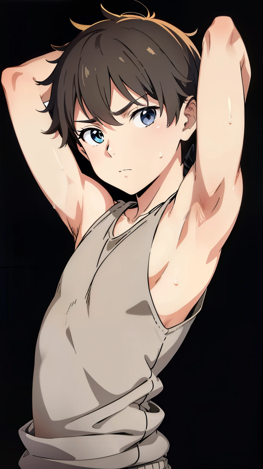 Highres, Masterpiece, Best quality at best,Best Quality,hight quality, hight detailed, 1boy, Kid, Shota, Grey sweater, Sleeveless sweater, Picture taken from front, (very young kid), (very small and short body), 10-Year-Old-Boy, (Showing armpit:1.3), Straigh hair, Sweat, Simple beckground, hansome, UHD, Smooth image