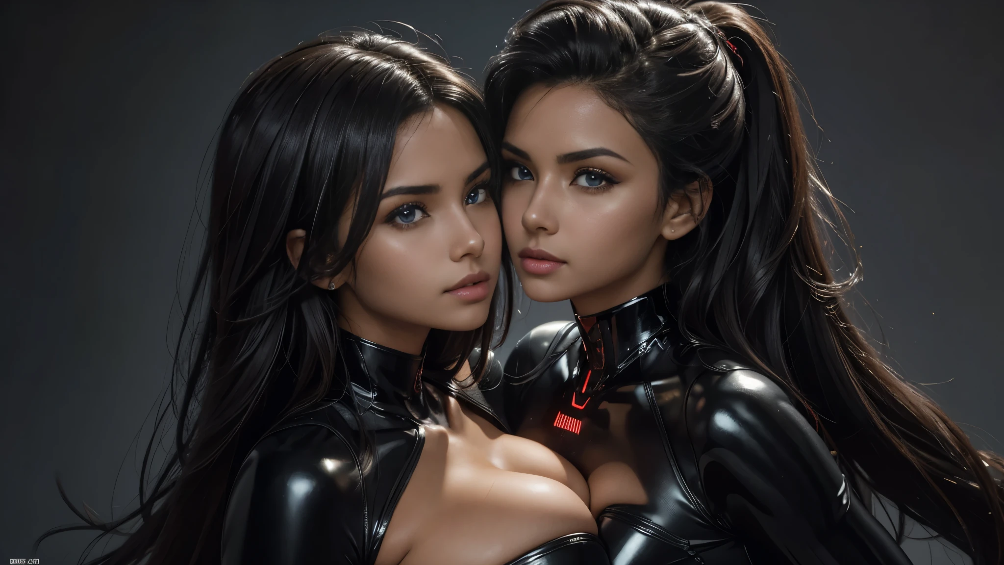 solo, super fine photo, portrait Unreal Engine 5 8K UHD of a couple, red and black color scheme tight cybernetic latex catsuit, 18 years old Indian girl and friend, kissing:1.2, beautiful face, big breasts, curvy, very beautiful face, smiling sexy, random hairstyles, feminine curves, cybernetic glove, futuristic design, super lighting, beautiful make up, luxurious, best quality, masterpiece, official art, unified 8k wallpaper, super detailed, beautiful face eyes nose lips, sharp focus, dynamic pose, beautiful body, high res, full body photo
