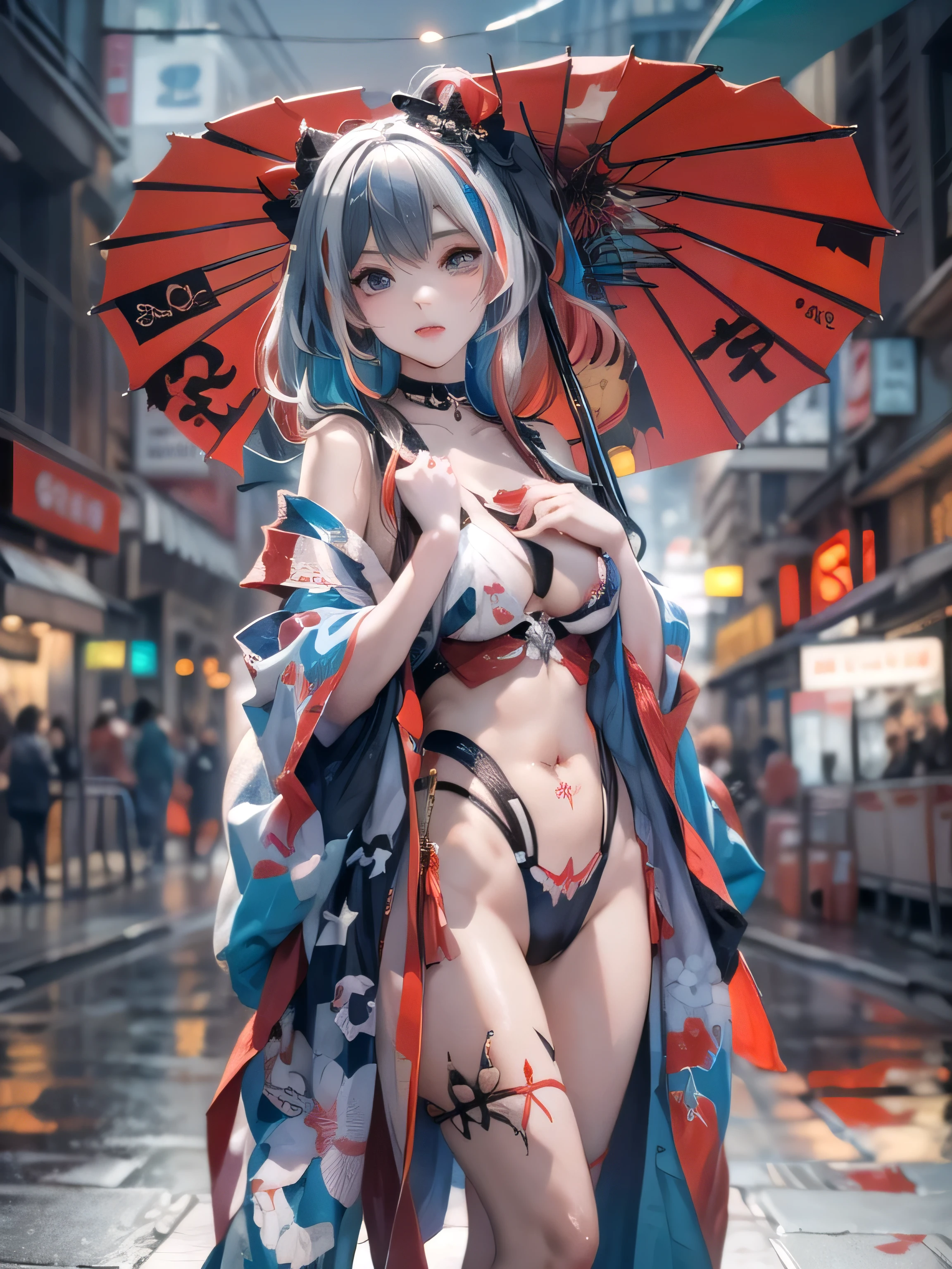 (photorealistic:1.8, highest quality:1.8,8K masterpiece:1.8,High resolution,muste piece:1.8,RAW Photos,cinematic lighting),No split screen, cyber punk、back alley at night、rain-soaked ground、vapor、
(1 android girl:1.3)、Completely naked、full body tattoo、choker、beautiful breasts、Nipple piercing、kimono、Furisode、beautiful butt,beautiful thighs,plump nipples、Nipples are visible through the costume,cameltoe,Body painting with a pop design drawn all over the body、pop art design、cutting edge fashion、conceptual art、
(Beautiful shining red, blue, black and white hair:1.5)、Disdainful