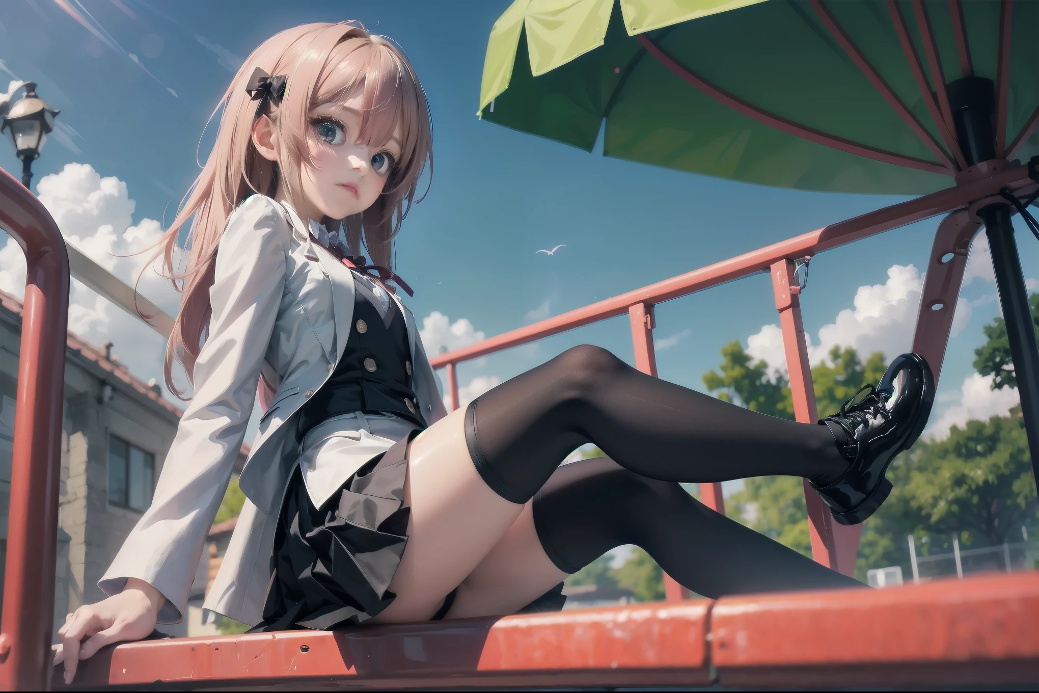 (Masterpiece: 1. 2), (Top quality: 1. 2), Anime girl, Cute, Fashionable ribbon, Red intricate fine eye, White woman's blouse, Brand grey blazer, Small red ribbon on chest, Very young, cute, tiny, girl, Female academy , Pre-skirt, Black tights, Fine fine fine Tights, Full Length, Young girl looking back from the side, Front View, Alone, Mocking and super cute, Thighs open left and right, Prestigious branded uniform, Background sitting on park play equipment, Legs open looking at me, Colourful background, Beautiful shading effect, Pretty like a scene from a movie Character pose.