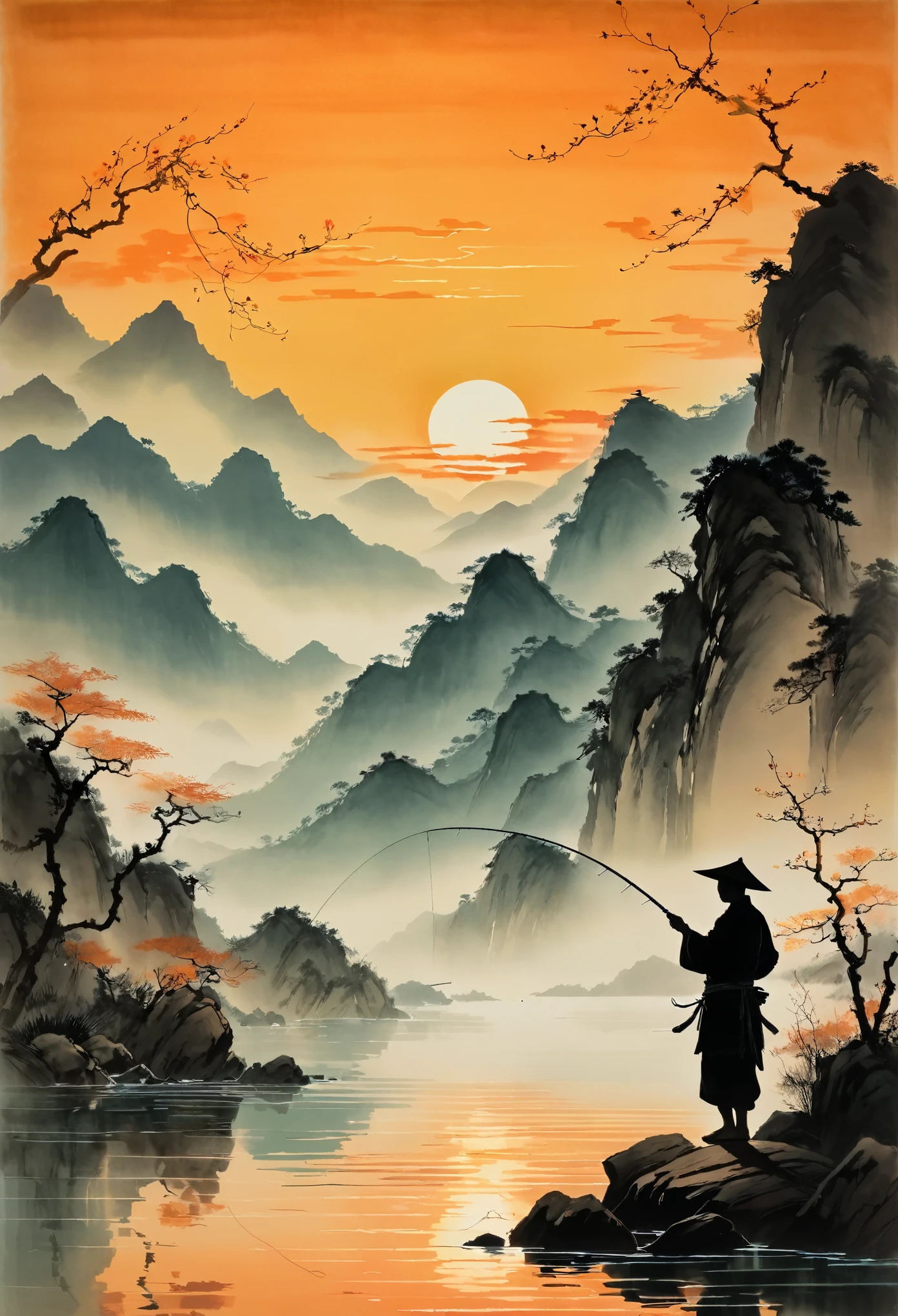 A silhouette of an angler casting their line into the water at sunset, with mountains in the background and calm waters reflecting orange hues. The scene is depicted in the style of Chinese artist Zhang Daqian. 