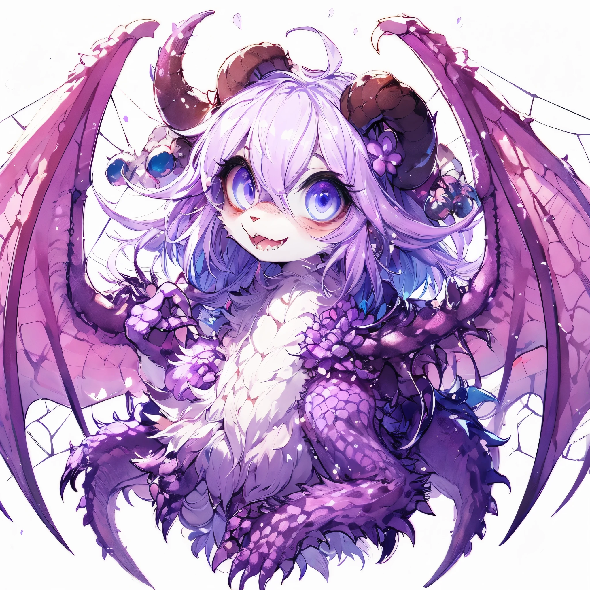 Female Dragon.spider element. Furry. Compound eye. yandere expression. double teeth. purple color. insect fung. spider web pattern wing. Anime style.