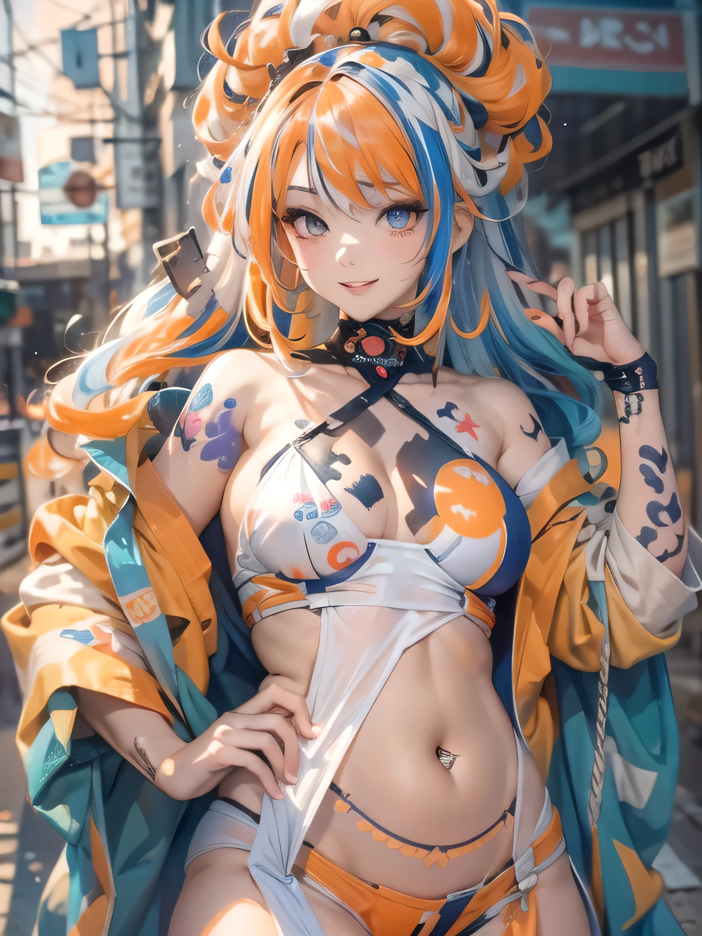(photorealistic:1.8, highest quality:1.8,8K masterpiece:1.8,High resolution,muste piece:1.8,RAW Photos,cinematic lighting),No split screen, cyber punk、back alley at night、rain-soaked ground、vapor、
(1 android girl:1.3)、Completely naked、full body tattoo、choker、beautiful breasts、Nipple piercing、kimono、Furisode、beautiful butt,beautiful thighs,plump nipples、Nipples are visible through the costume,cameltoe,Body painting with a pop design drawn all over the body、pop art design、cutting edge fashion、conceptual art、
(Beautiful shining orange-blue-white hair:1.5)、Giddy Smile