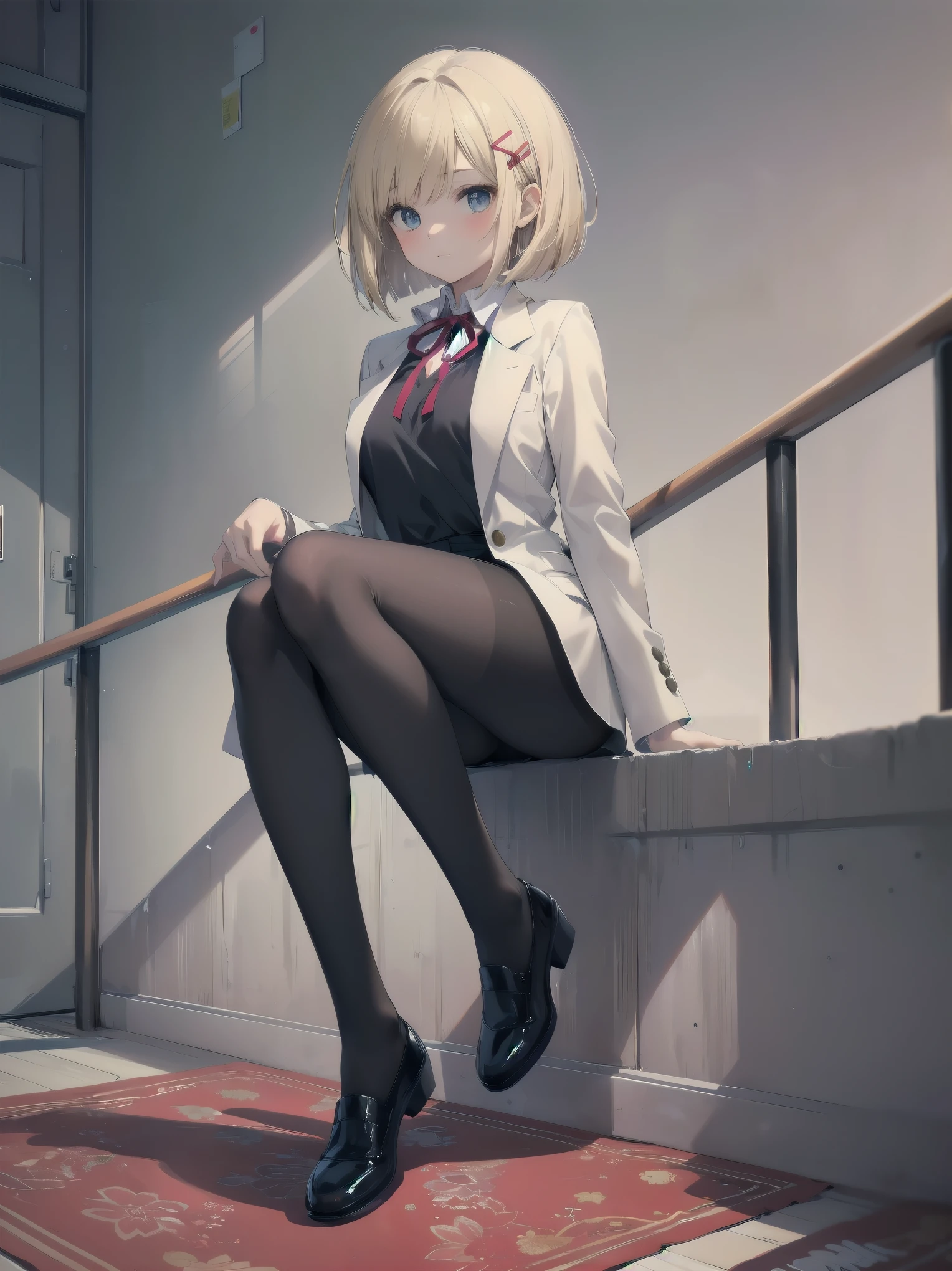 (Masterpiece: 1.2), (Best picture: 1.2), Anime girl, Solo, alone, Blonde hair, Hair clip on front right side, Bob cut, Red realistic and complex eyes, White female shirt, Brand grey blazer, Small red ribbon across chest,  made of stylish and exclusive material and design, Pliss skirt with check pattern, Black tights, Fine tights, Full body, Big tits, Front view, One person, Mockingly super cute, absurdly cute
