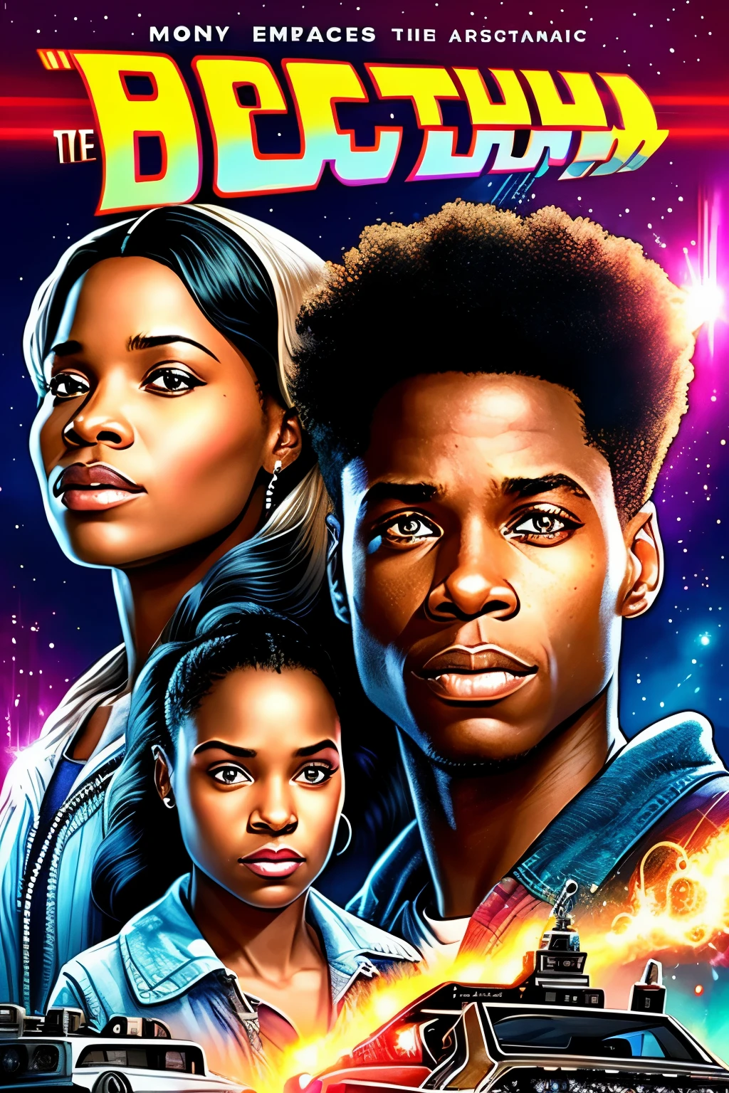 An exquisitely crafted movie poster inspired by "Back to the Future" featuring black protagonists in the spotlight, with no white characters in sight. The artwork captures the essence of the iconic film, showcasing the main characters against a dynamic backdrop. The attention to detail is unparalleled, with intricate designs and vibrant colors that bring the poster to life. The composition masterfully combines elements of Afrofuturism and cinematic artistry, resulting in a visually stunning piece. The characters, portrayed in a realistic yet stylized manner, exude charisma and determination. The poster showcases the beauty and diversity of black representation in film, delivering a powerful message of inclusivity and empowerment. This high-resolution artwork is a testament to the extraordinary talent and creativity of the artist