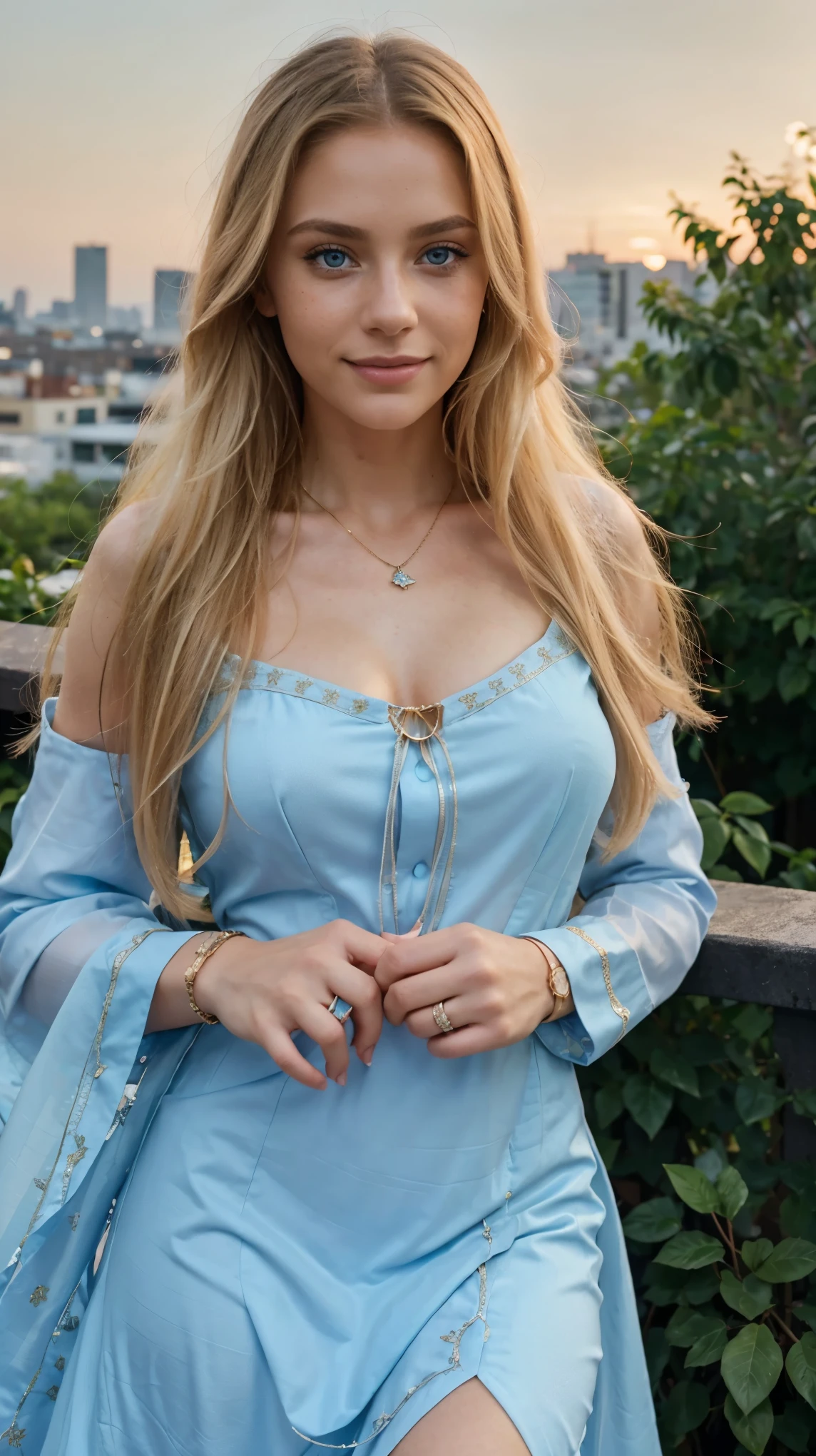 (detailed), perfect face, realistic photo of beautiful woman, blue eyes, piercing eyes, long hair, blond hair, wearing detailed necklace, Polish, influencer, light freckles, big lips, wearing detailed diamond bracelet, wearing detailed branded watch, wearing detailed diamond ring, Instagram, sharp photo, perfect body, model looking, realistic photo of a woman, golden, blond hair color, perfect detailed hands, perfect detailed fingers, ((best quality)), ((masterpiece)) (smile:1.2) light blue eyes, incredible blue eyes, detailed, photographer_\( ultra\), In the soft twilight of dusk, iamsophia finds solace in a lush rooftop garden overlooking the city's twinkling lights. Her blond hair is gently tousled by the evening breeze, and her sky-blue eyes reflect the tranquil beauty of the sky transitioning from day to night. Dressed in a light, flowing dress that harmonizes with the garden's greenery, she is the epitome of serenity. Her hands, delicate and expressive, tend to the vibrant flowers and plants, demonstrating her connection to nature even amidst the urban landscape. This scene captures a moment of peaceful reflection, as iamsophia stands amidst the flora, a living bridge between the natural and the man-made, her presence a calming force in the bustling city below
