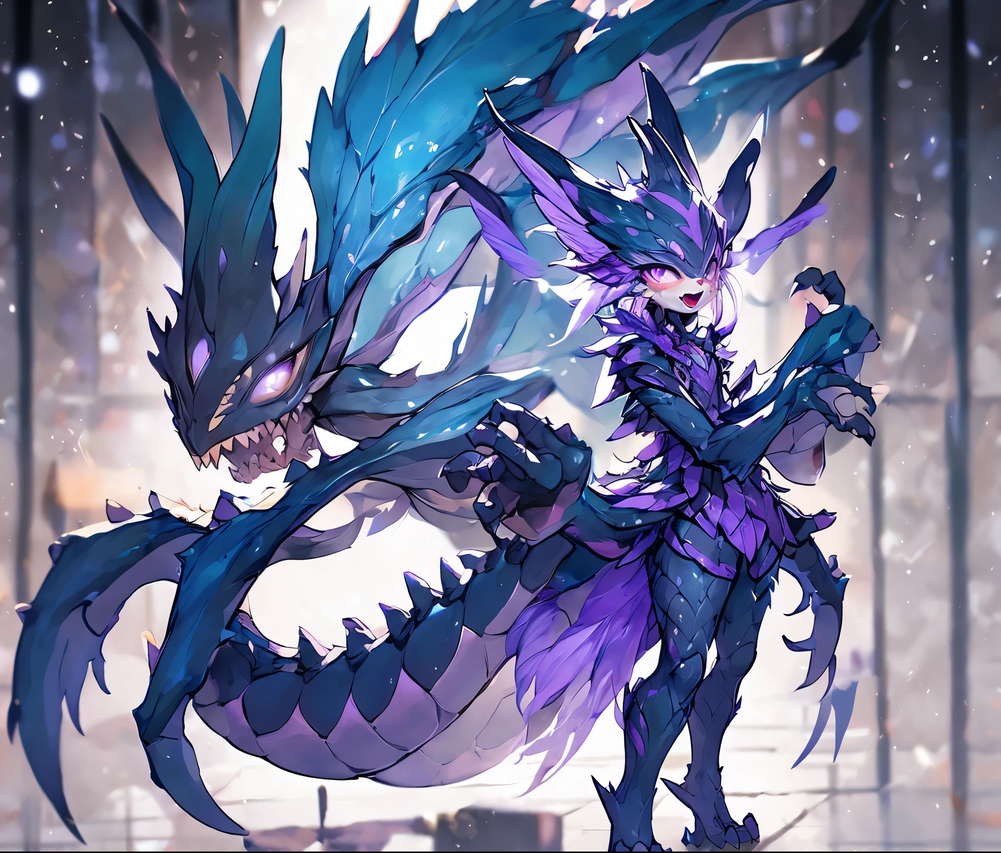 Female Dragon.spider element. Furry. Compound eye. yandere expression. double teeth. purple color. insect fung. spider web pattern wing. Anime style.