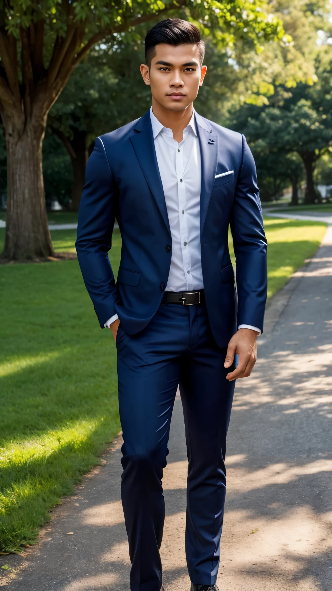 RAW, Best quality, high resolution, (masterpiece: 1.3), full body image, muscular Indonesian man in navy suit and work shoes, Masterpiece, young man face, cute man face, cleanshaven, bright skin, rough skin, fierce eyes, soft smile, standing in a park, feminine gesture, strong expression, body facing viewer, looking to viewer, at noon, Great lighting, great sunlight, Bright colors, Ultra realistic clean lines, very realistic