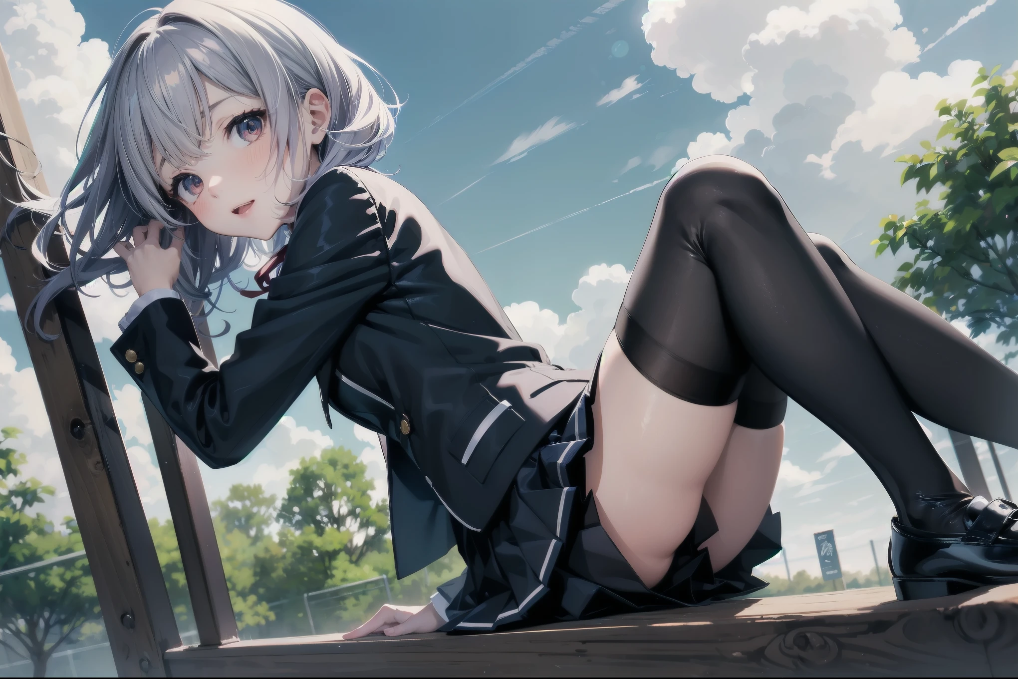 (Masterpiece: 1. 2), (Top quality: 1. 2), Anime girl, Cute, Fashionable ribbon, Red intricate fine eye, White woman's blouse, Brand grey blazer, Small red ribbon on chest, Very young, cute, tiny, girl, Female academy , Pre-skirt, Black tights, Fine fine fine Tights, Full Length, Young girl looking back from the side, Front View, Alone, Mocking and super cute, Thighs open left and right, Prestigious branded uniform, Background sitting on park play equipment, Legs open looking at me, Colourful background, Beautiful shading effect, Pretty like a scene from a movie Character pose.