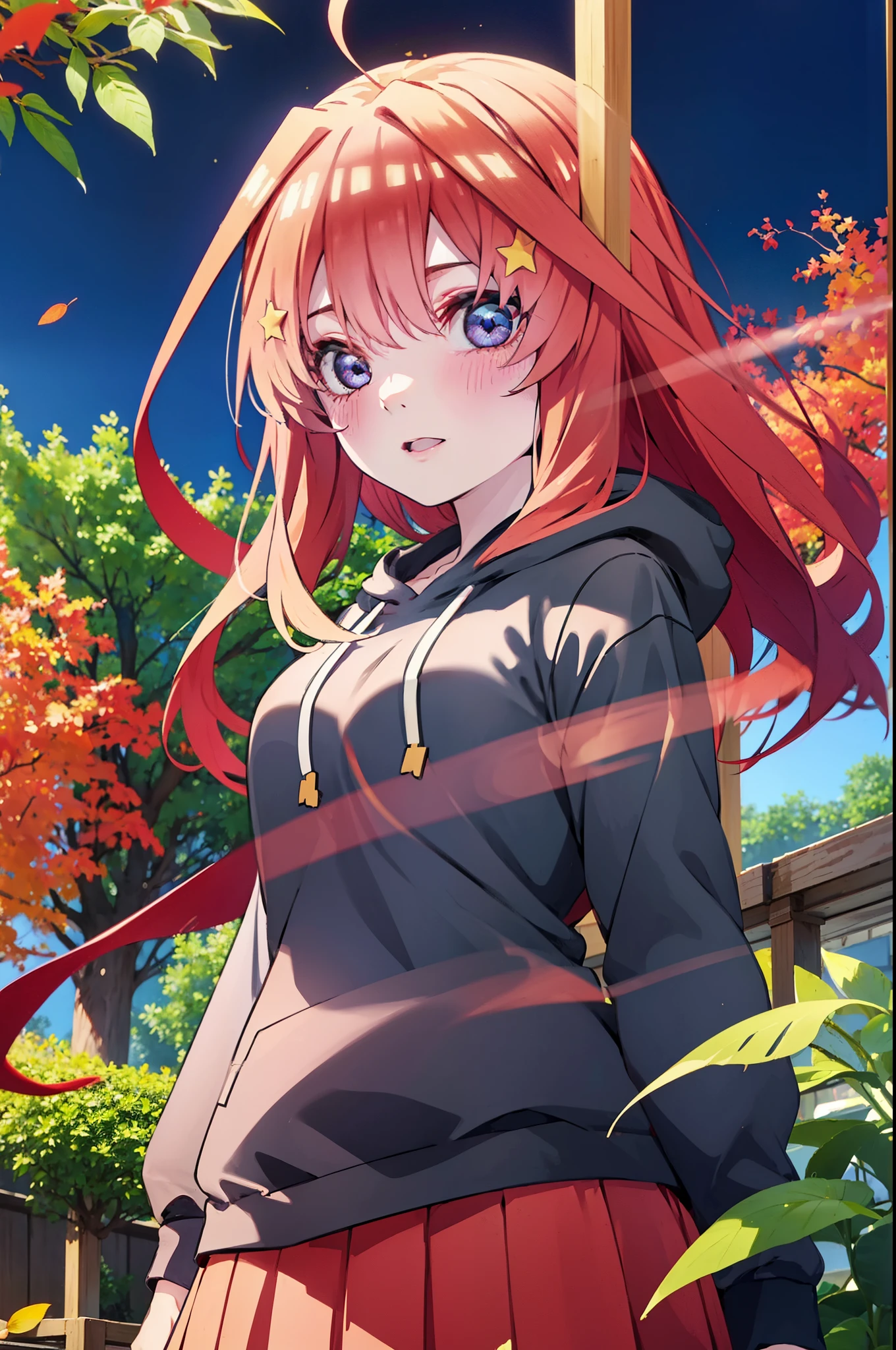 itsukinakano, itsuki nakano, bangs, blue eyes, hair between eyes, Ahoge, redhead, star \(symbol\), short braided hair,hair ornaments, star hair ornaments,smile,blush,animal ears　raccoon ears,animal tail　raccoon tail,red hoodie,white long skirt,Cute Sandals,autumn leaves,autumn leavesが散っている,autumn leaves道,whole bodyがイラストに入るように,night,moonlight,moonlight,
break outdoors,garden,
break looking at viewer,whole body,(cowboy shot:1.5),
break (masterpiece:1.2), highest quality, High resolution, unity 8k wallpaper, (shape:0.8), (beautiful deしっぽed eyes:1.6), extremely deしっぽed face, perfect lighting, extremely deしっぽed CG, (perfect hands, perfect anatomy),