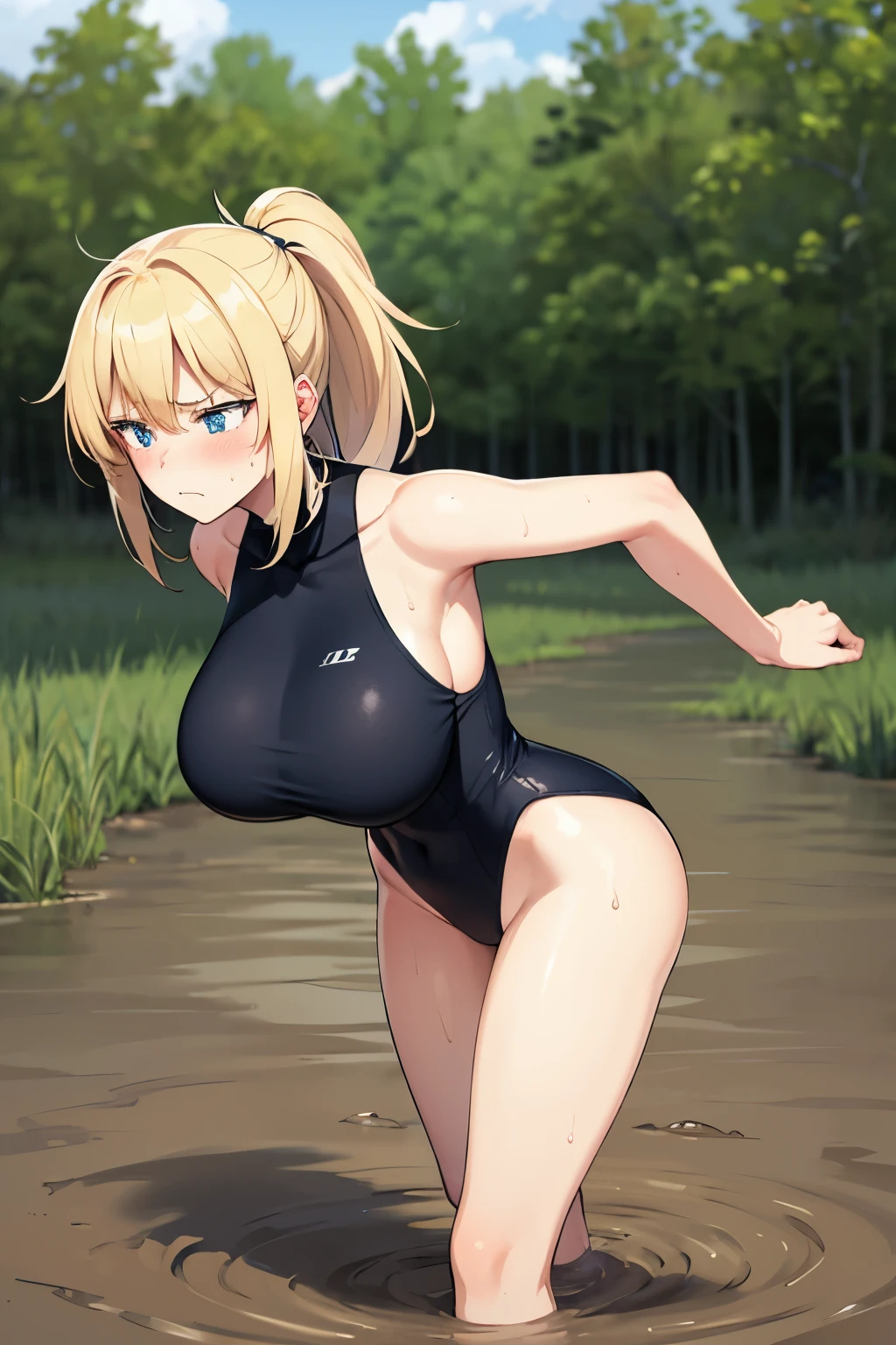 1 girl,blue eyes,blonde,ponytail, big breasts,black leotard,barefoot,Super High Leg Cut, Are standing, serious face,blush,Sweat,swim in the swamp