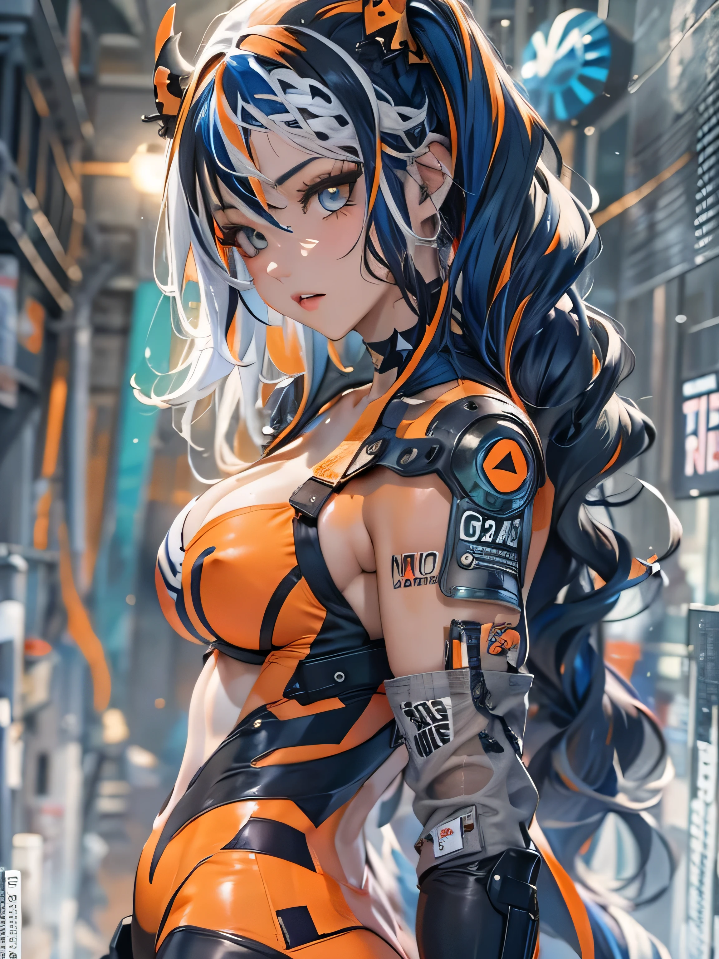(photorealistic:1.8, highest quality:1.8,8K masterpiece:1.8,High resolution,muste piece:1.8,RAW Photos,cinematic lighting),No split screen, cyber punk、back alley at night、rain-soaked ground、vapor、
(1 android girl:1.3)、Completely naked、full body tattoo、choker、beautiful breasts、slingshot swimwear、beautiful butt,beautiful thighs,plump nipples、Nipples are visible through the costume,cameltoe,Body painting with a pop design drawn all over the body、pop art design、cutting edge fashion、conceptual art、
(Beautiful shining orange blue black and white hair:1.5)、Disappointed