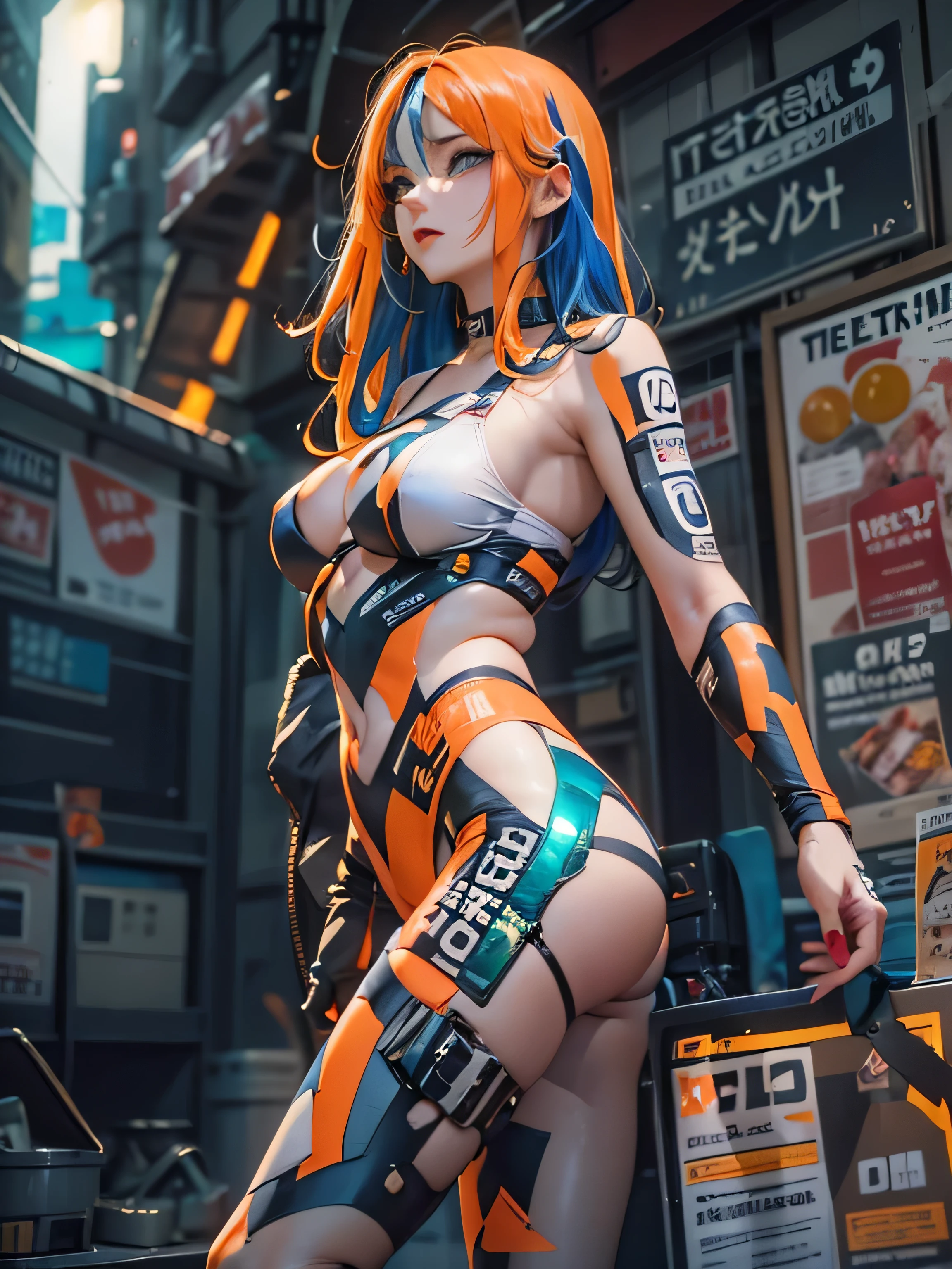 (photorealistic:1.8, highest quality:1.8,8K masterpiece:1.8,High resolution,muste piece:1.8,RAW Photos,cinematic lighting),No split screen, cyber punk、back alley at night、rain-soaked ground、vapor、
(1 android girl:1.3)、Completely naked、full body tattoo、choker、beautiful breasts、slingshot swimwear、beautiful butt,beautiful thighs,plump nipples、Nipples are visible through the costume,cameltoe,Body painting with a pop design drawn all over the body、pop art design、cutting edge fashion、conceptual art、
(Beautiful shining orange blue black and white hair:1.5)、Disappointed