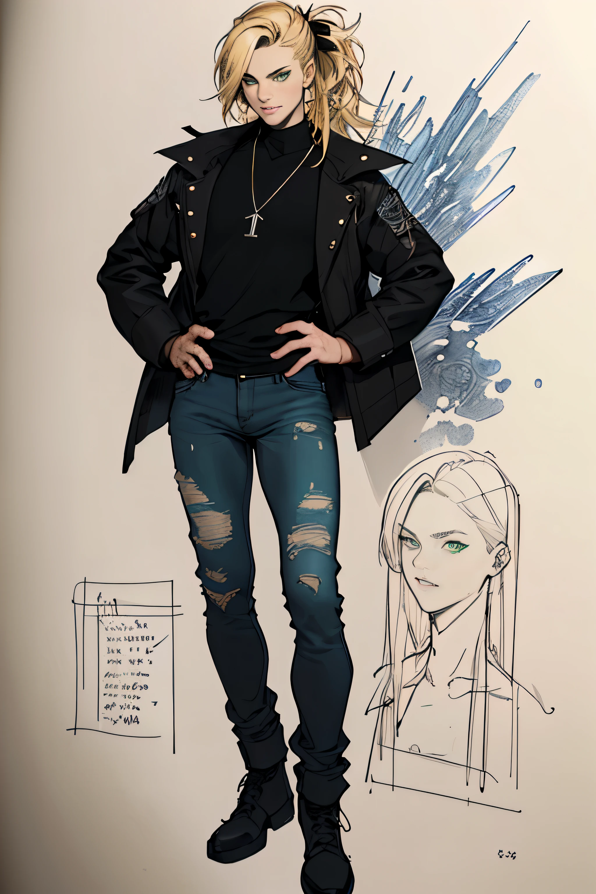 1 girl, Sidecut hair, vi arcane, Sidecut hair, ager, hyper realistic hands, detailed hyper realistic eyes, rock jacket, jeans, black clothing, blond hair, light background, full body, long hair, teen, tribal tattoo, colorful parts, sketchbook, hand drawn hand, symbols, dark, bold, realistic sketch, sketch, mixing dark lines and loose lines, bold lines, on paper, turn on character sheet, human woman, green eyes, full body, elegant pose, lots of details, stylish outfit, symbols, runes, dark theme, black shirt, beautiful, pretty, modest