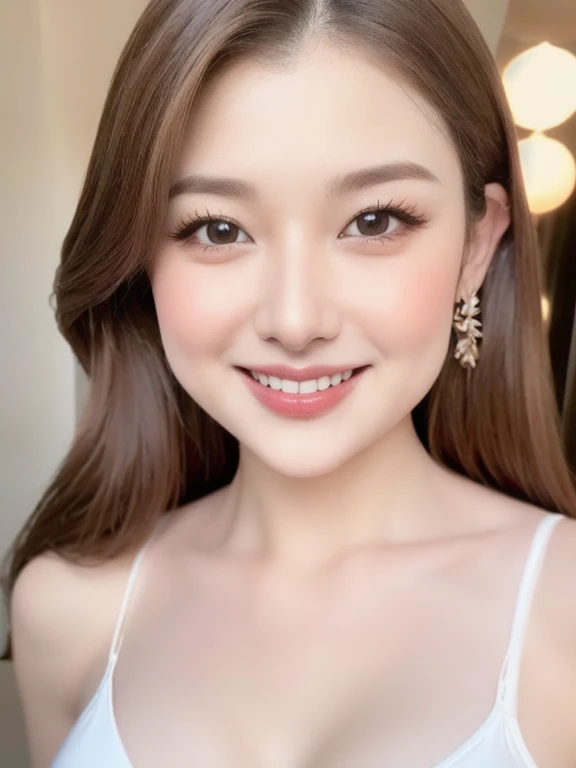 (realistic、masterpiece、Best Quality、8K、highres、high resolution:1.3)、1 girl、Huge breasts、smile, white bikini、pale white skin、looking at viewers、super fine face and eyes、long hair、indoor、 upper body、
