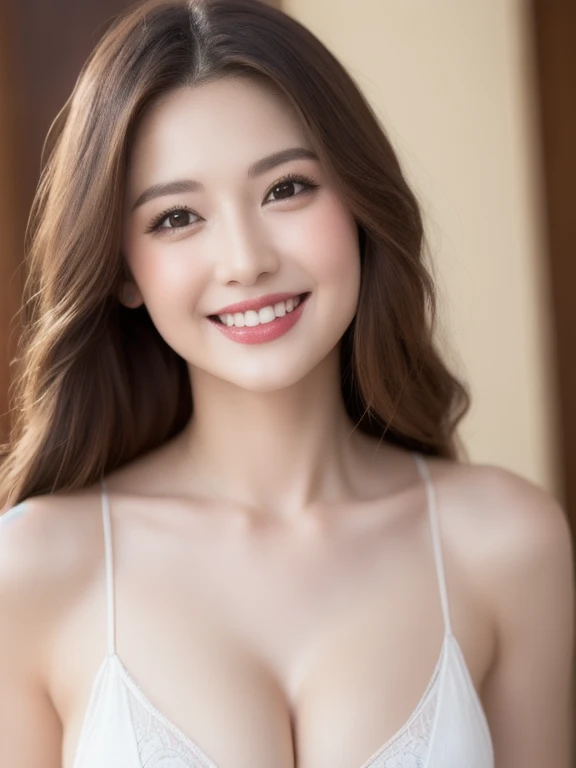 (realistic、masterpiece、Best Quality、8K、highres、high resolution:1.3)、1 girl、Huge breasts、smile, white bikini、pale white skin、looking at viewers、super fine face and eyes、long hair、indoor、 upper body、