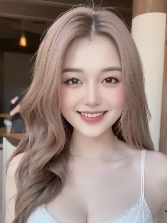 (realistic、masterpiece、Best Quality、8K、highres、high resolution:1.3)、1 girl、Huge breasts、smile, white bikini、pale white skin、looking at viewers、super fine face and eyes、long hair、indoor、 upper body、