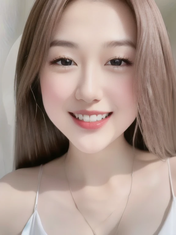 (realistic、masterpiece、Best Quality、8K、highres、high resolution:1.3)、1 girl、Huge breasts、smile, white bikini、pale white skin、looking at viewers、super fine face and eyes、long hair、indoor、 upper body、