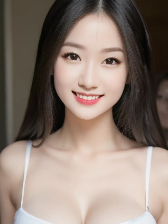 (realistic、masterpiece、Best Quality、8K、highres、high resolution:1.3)、1 girl、smile, Huge breasts、white bikini、pale white skin、looking at viewers、super fine face and eyes、long hair、indoor、 upper body、