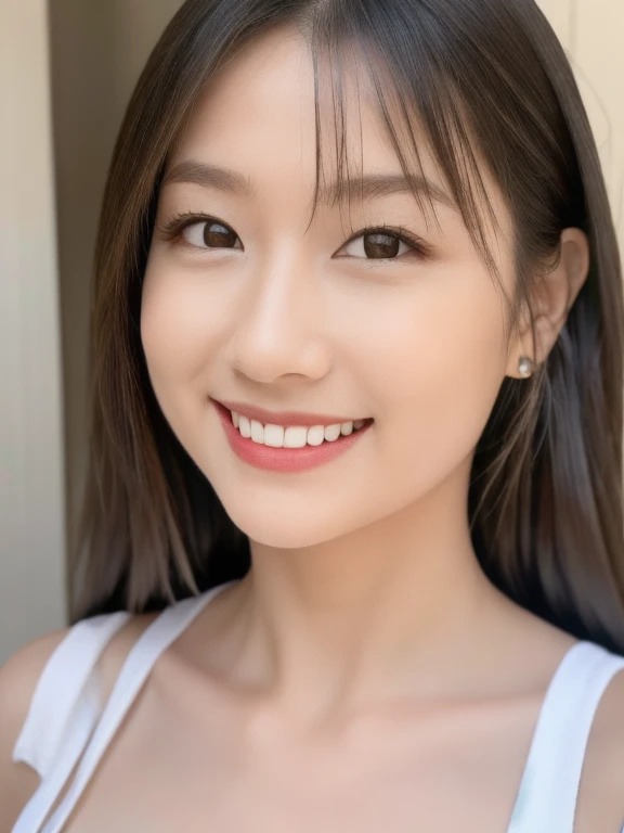 (realistic、masterpiece、Best Quality、8K、highres、high resolution:1.3)、1 girl、smile, Huge breasts、white bikini、pale white skin、looking at viewers、super fine face and eyes、long hair、indoor、 upper body、