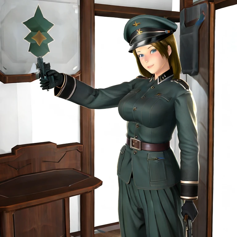 (masterpiece, best quality:1.2), 1girl, solo, german military officer, standing, handgun,