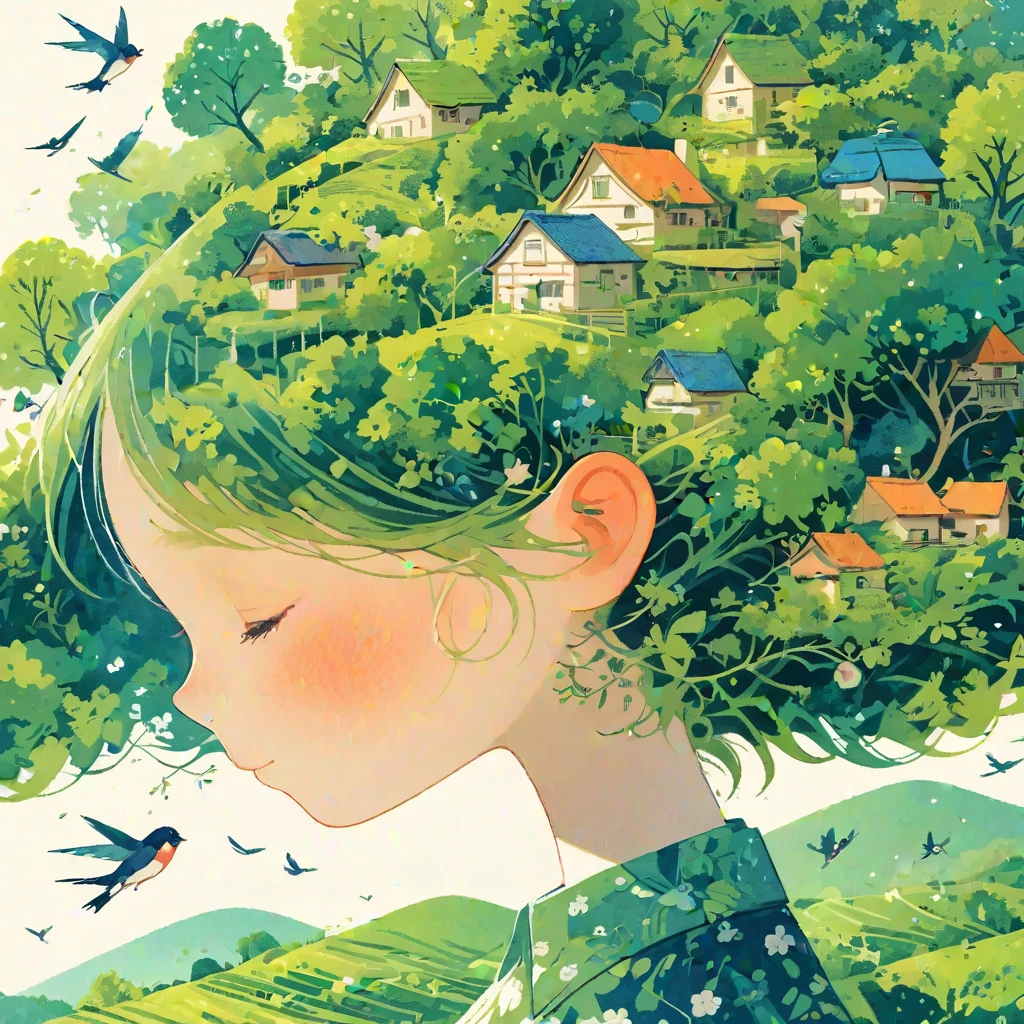(panorama, centre, masterpiece, best quality: 1.2), leaf hair girl, 1girl, solo, head decoration, houses in green tones, swallows, trees and hills, exotic illustration, charming rural landscape, background blends with hair , breath of tranquility, harmonious composition, beauty of nature, illustration symbolizes harmony between human beings and the environment