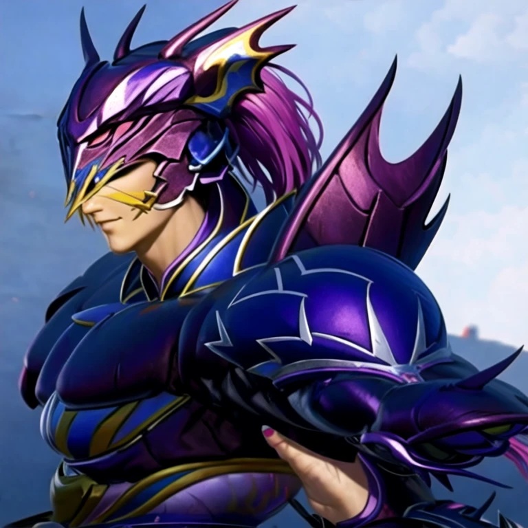 (masterpiece, best quality:1.2,pure white background,2d,2d anime), 1boy, solo,kain \(final fantasy\),armor,purple nails,helmet,long hair,purple hair,smile,looking at viewer,closed mouth