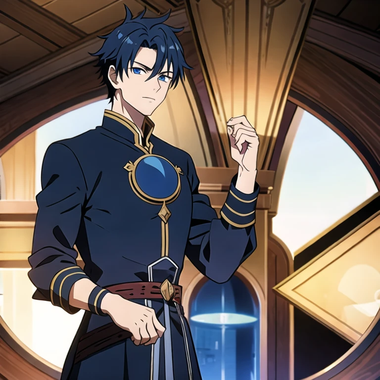 (masterpiece, best quality:1.2), 1boys, male focus, faldeus dioland (fate), dark blue hair, dark blue eyes