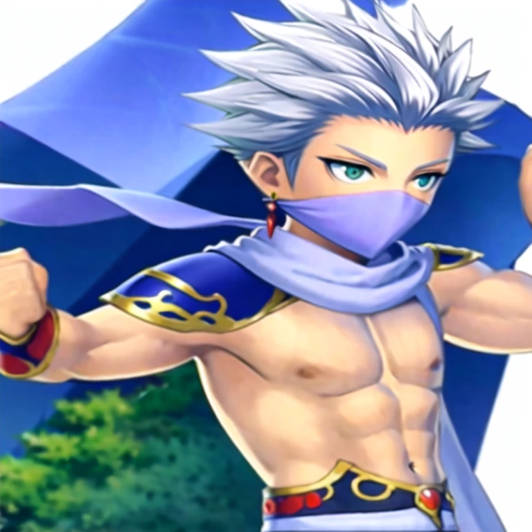 (masterpiece, best quality:1.2,pure white background,anime style), 1boy, solo,edge \(final fantasy\),green eyes,covered mouth,earrings,looking at viewer,scarf,silver hair,spiked hair