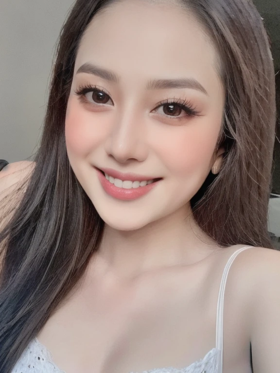 (realistic、masterpiece、Best Quality、8K、highres、high resolution:1.3)、1 girl、Huge breasts、smile, white bikini、smile, pale white skin、looking at viewers、super fine face and eyes、long hair、indoor、 upper body、