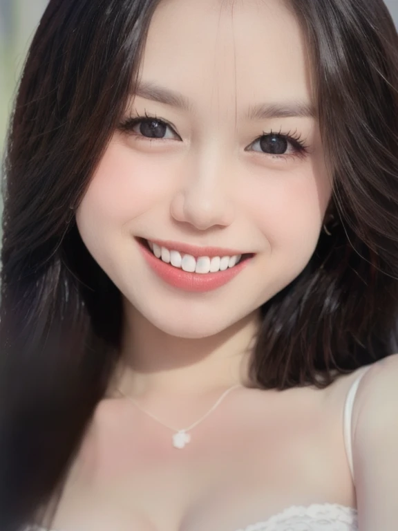 (realistic、masterpiece、Best Quality、8K、highres、high resolution:1.3)、1 girl、Huge breasts、smile, white bikini、pale white skin、looking at viewers、super fine face and eyes、long hair、indoor、 upper body、