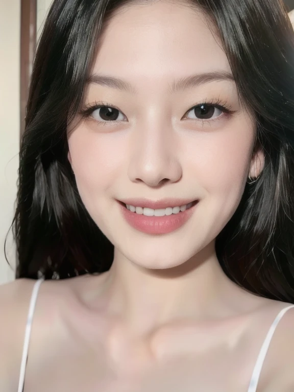 (realistic、masterpiece、Best Quality、8K、highres、high resolution:1.3)、1 girl、smile, Huge breasts、white bikini、pale white skin、looking at viewers、super fine face and eyes、long hair、indoor、 upper body、
