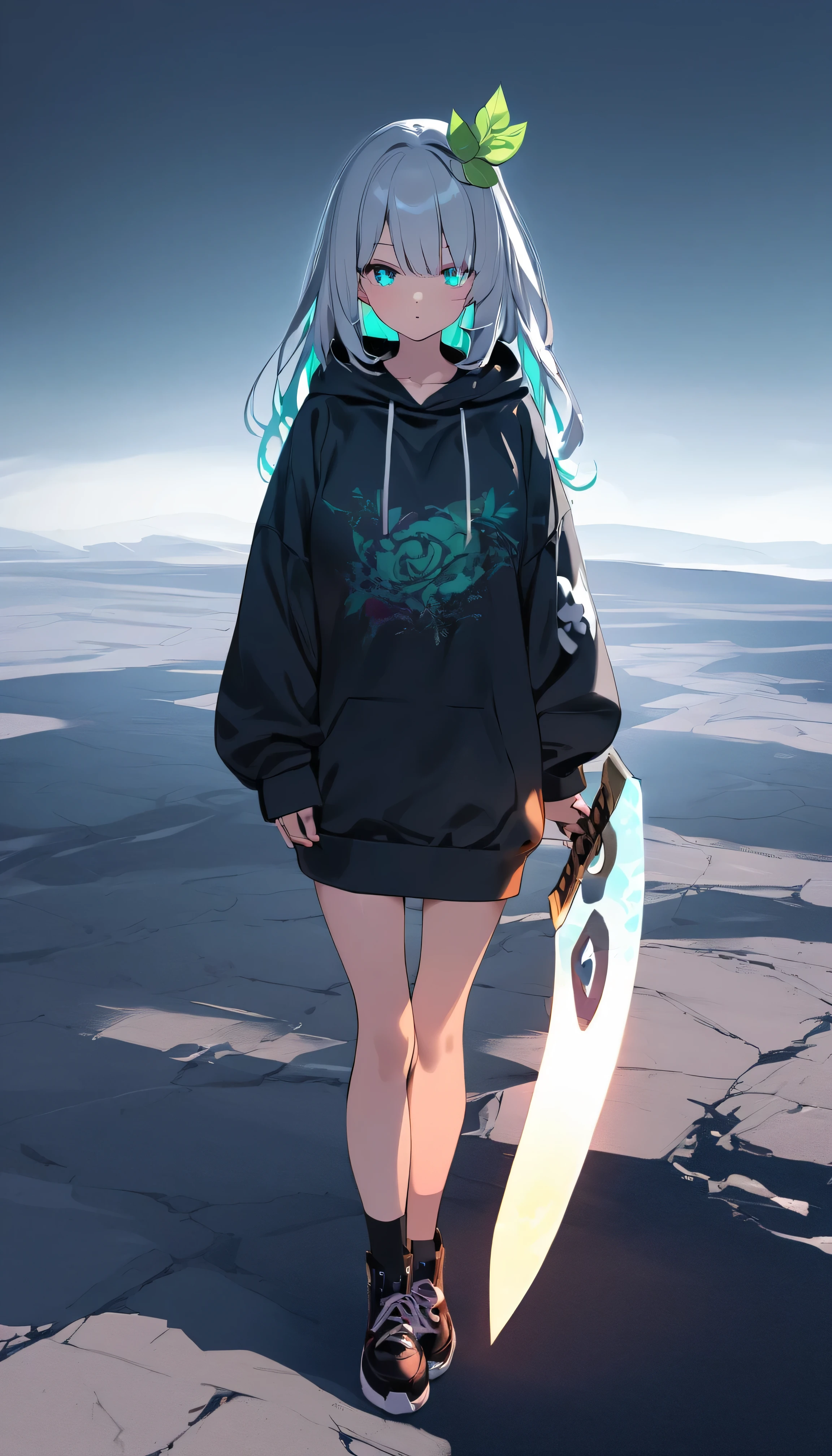Masterpiece, saturate, full HD, best quality, 1girl, ( young girl, cute girl), slim body.medium breast, white  light hair.detailed beautiful eyes. Glowing eye. Bright aqua eyes, long hair, bangs, black hoodie oversized, holding sword. Green leaf hair ornament, shadows surrounding girl, foggy theme, rocky plain background and many swords sticking into the ground, foggy
 