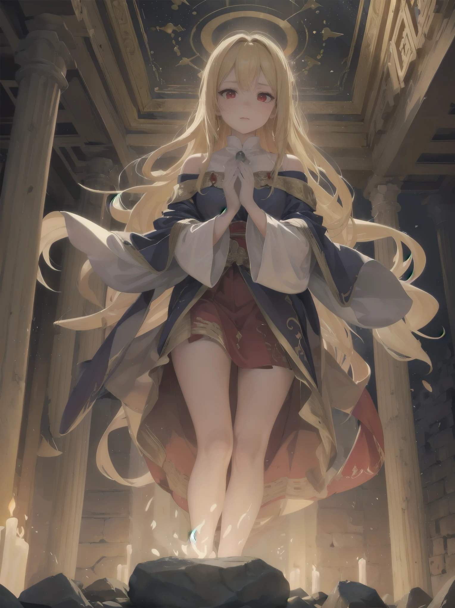 Subject: witches.
Subtitle: blonde hair, red eyes, noble, magical genius, outlandish scenes, concrete, background descriptions super-detailed and powerful, magical chanting fantastic.
Scene 1.
A blonde-haired, red-eyed witch begins an intricate magic chant in the centre of an ancient temple, maintaining a noble posture. Her voice echoes throughout the temple as a fantastic melody, and ancient letters on the stone walls glow in response to her voice. The magical energy summoned by the chanting swirls around her as she floats in the air, glowing with a mysterious light and preparing to release her unknown powers.