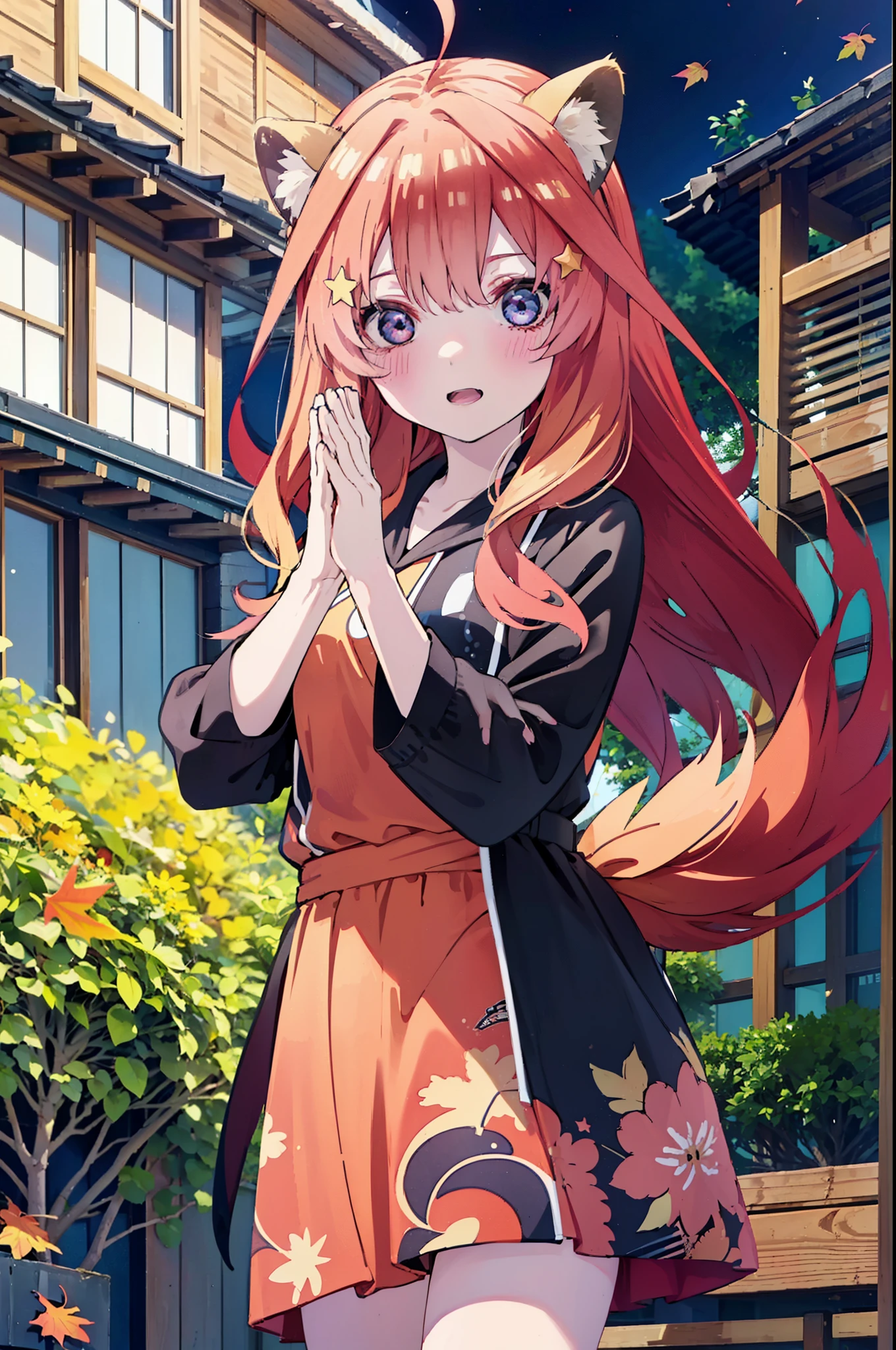 itsukinakano, itsuki nakano, bangs, blue eyes, hair between eyes, Ahoge, redhead, star \(symbol\), short braided hair,hair ornaments, star hair ornaments,smile,blush,animal ears　raccoon ears,animal tail　raccoon tail,red hoodie,white long skirt,Cute Sandals,autumn leaves,autumn leavesが散っている,autumn leaves道,whole bodyがイラストに入るように,night,moonlight,moonlight,
break outdoors,garden,
break looking at viewer,whole body,(cowboy shot:1.5),
break (masterpiece:1.2), highest quality, High resolution, unity 8k wallpaper, (shape:0.8), (beautiful deしっぽed eyes:1.6), extremely deしっぽed face, perfect lighting, extremely deしっぽed CG, (perfect hands, perfect anatomy),