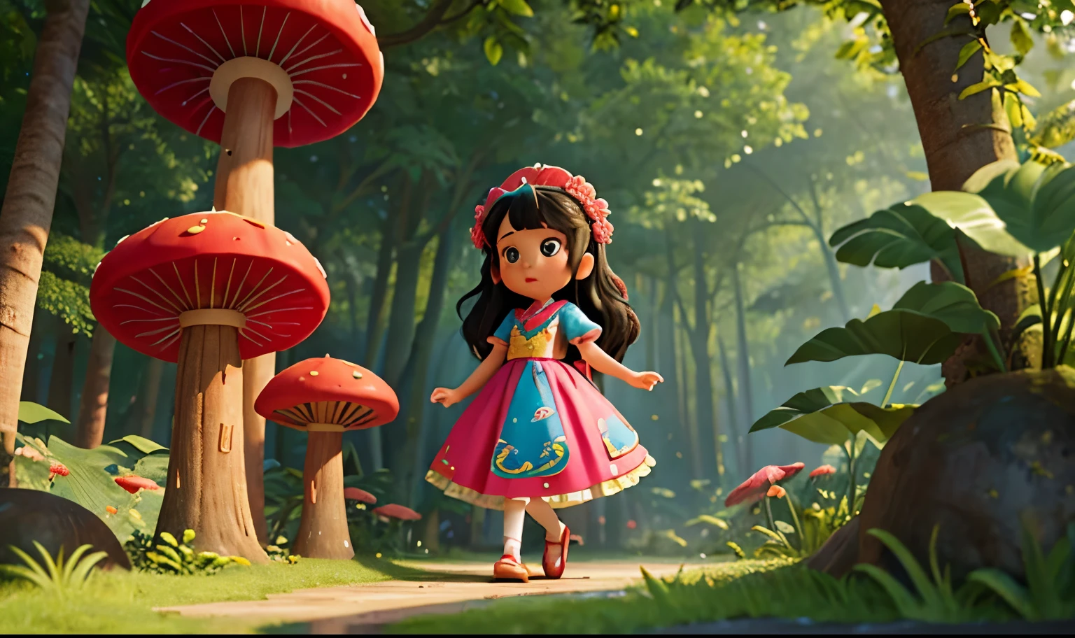 Disney Style, Color Photography, Maya, a 3-year-old girl character, beautiful long black hair cascading down her back in soft waves, wears a traditional Chinese dress called a qipao adorned with delicate floral patterns and a high collar and short sleeve. Color Photography, Giant colorful mushrooms towering over awestruck. Ben and Maya, Mushroom forest, Wonder, Soft magical glow on plants, Casual summer clothes.