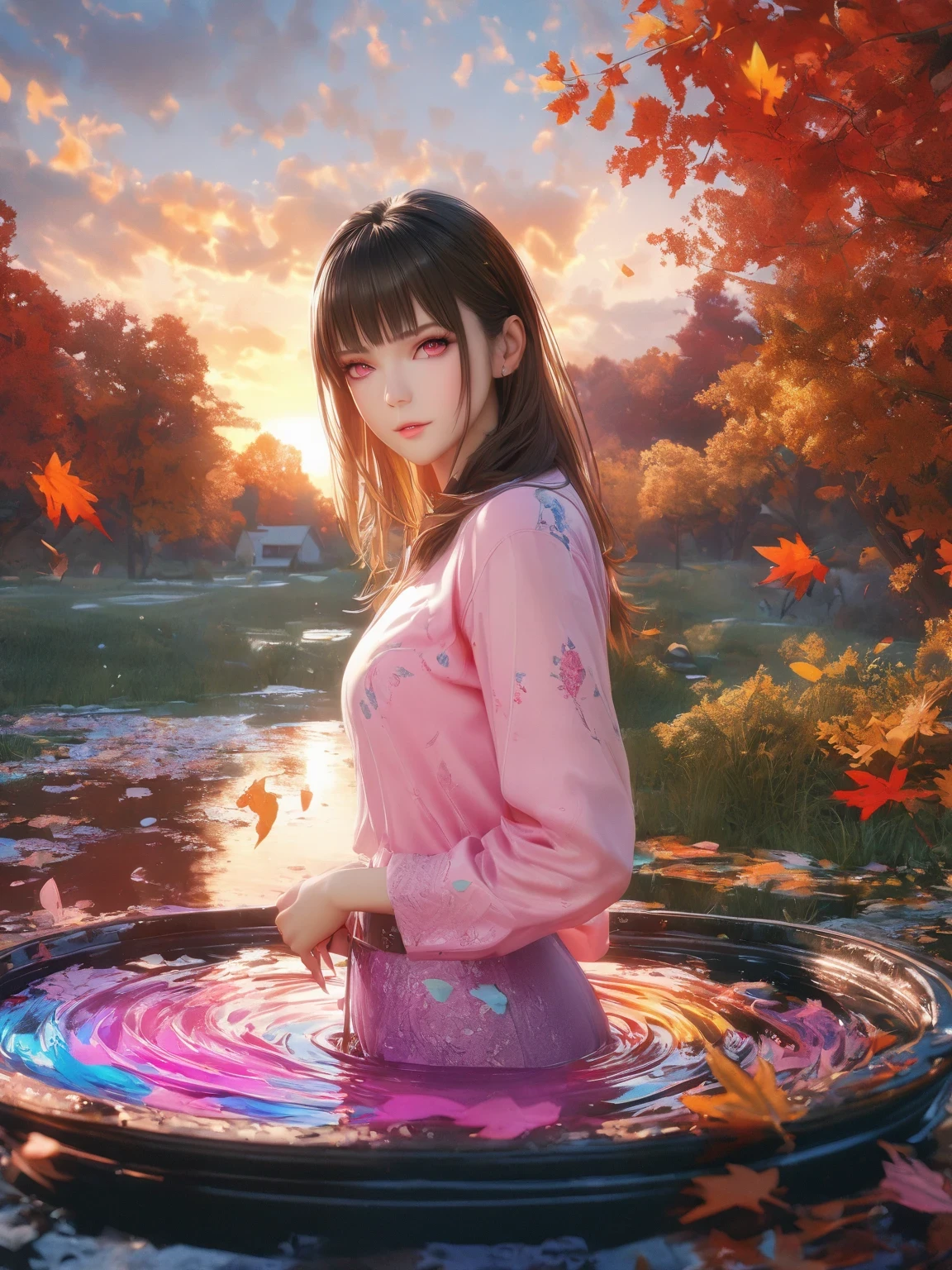 diy2,Highest quality, ultra-high definition, masterpieces, 8k, realistic, anime styled, 3d render,(Evening Pond:1.2), (8k, best quality, masterpiece:1.2), (ultra highres:1.0), extremely luminous bright design, pastel colors, (ink:1.3), autumn lights, High Detail, Sharp focus, dramatic, photorealistic painting art