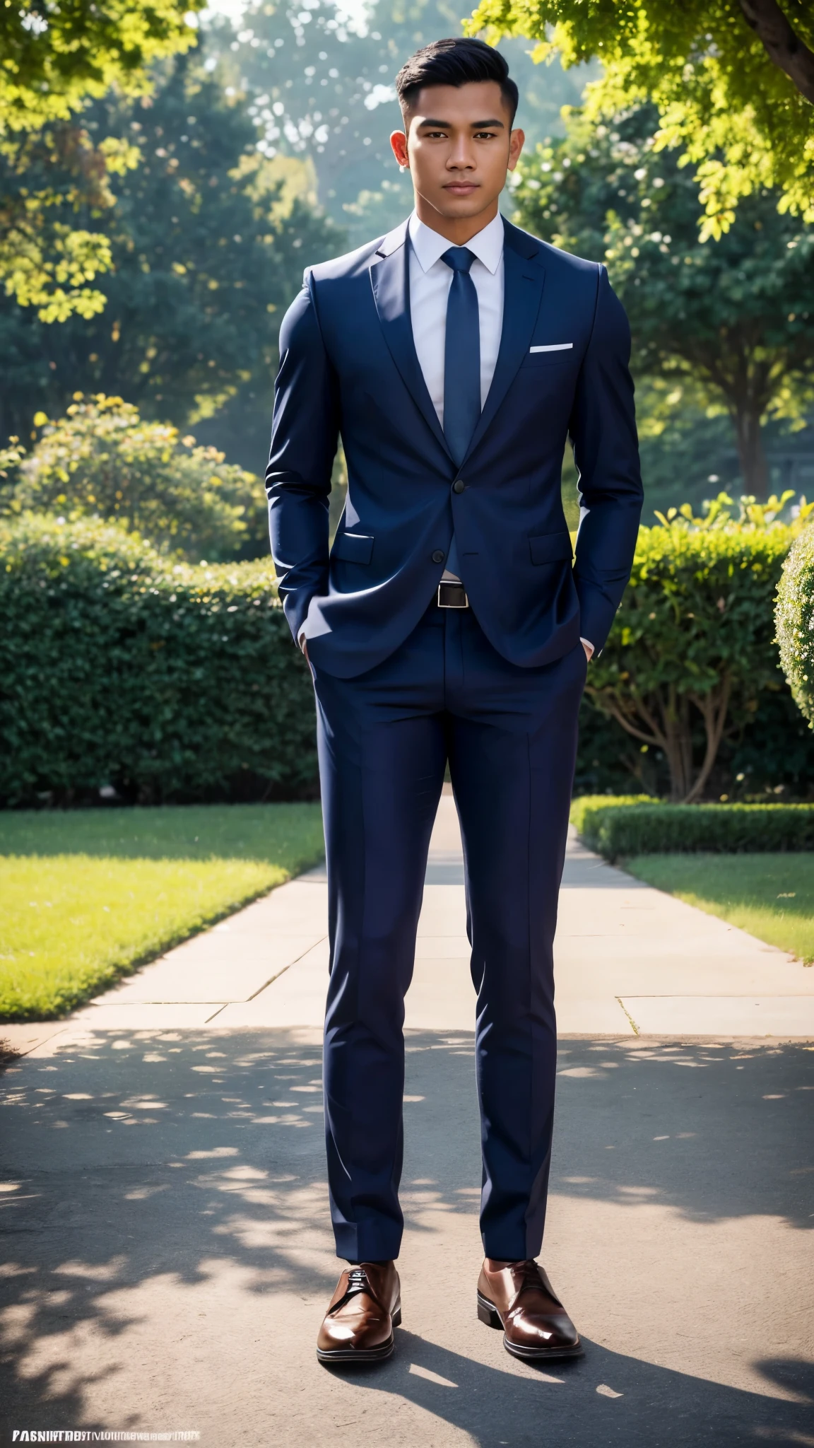 RAW, Best quality, high resolution, (masterpiece: 1.3), full body image, muscular Indonesian man in navy suit and work shoes, Masterpiece, young man face, cute man face, cleanshaven, bright skin, rough skin, fierce eyes, soft smile, standing in a park, feminine gesture, strong expression, body facing viewer, looking to viewer, at noon, Great lighting, great sunlight, Bright colors, Ultra realistic clean lines, very realistic