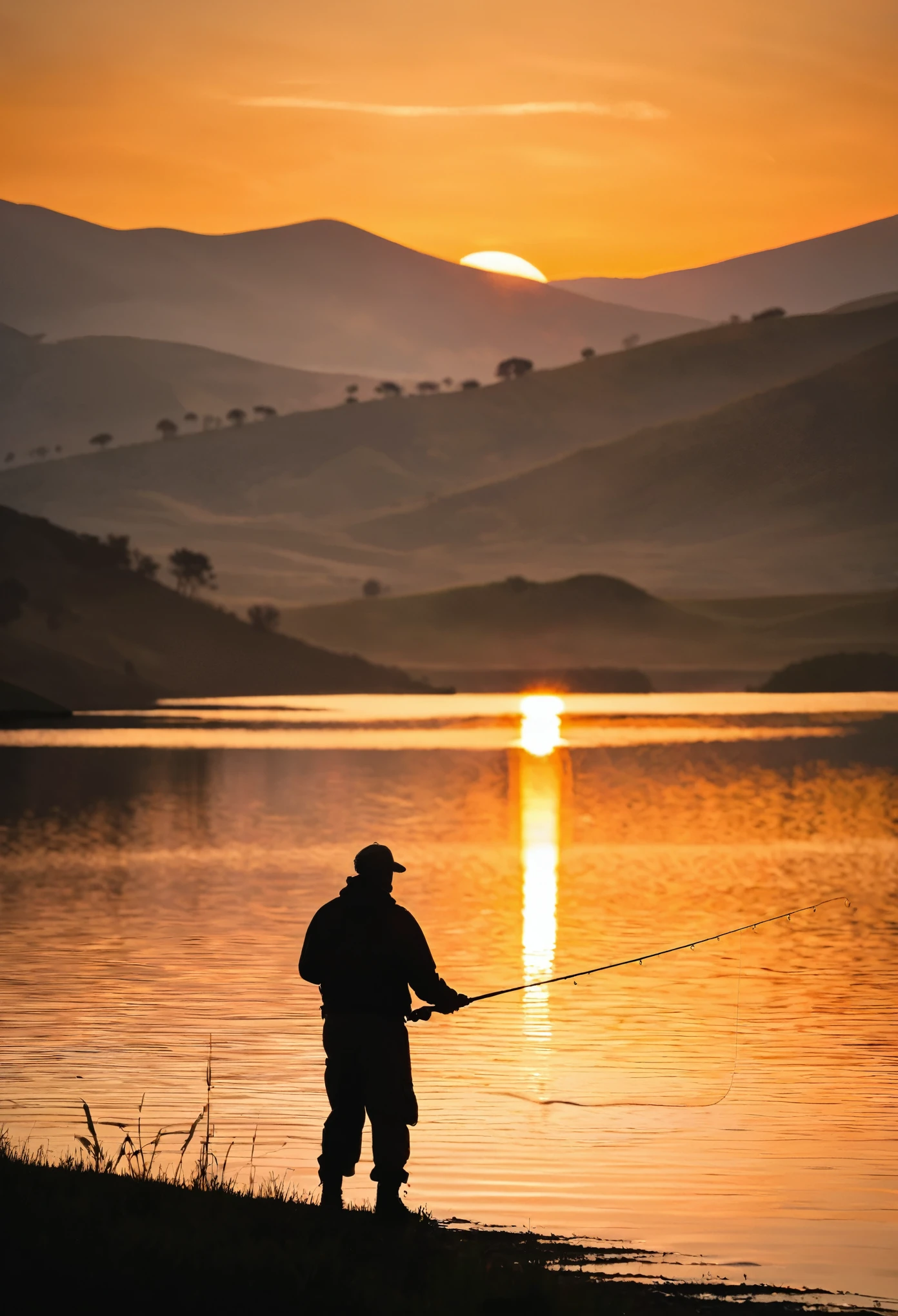 A silhouette of an angler casting their line into the water at sunset, with mountains in the background and calm waters reflecting orange hues. The scene is depicted in the style of Chinese artist Zhang Daqian. 