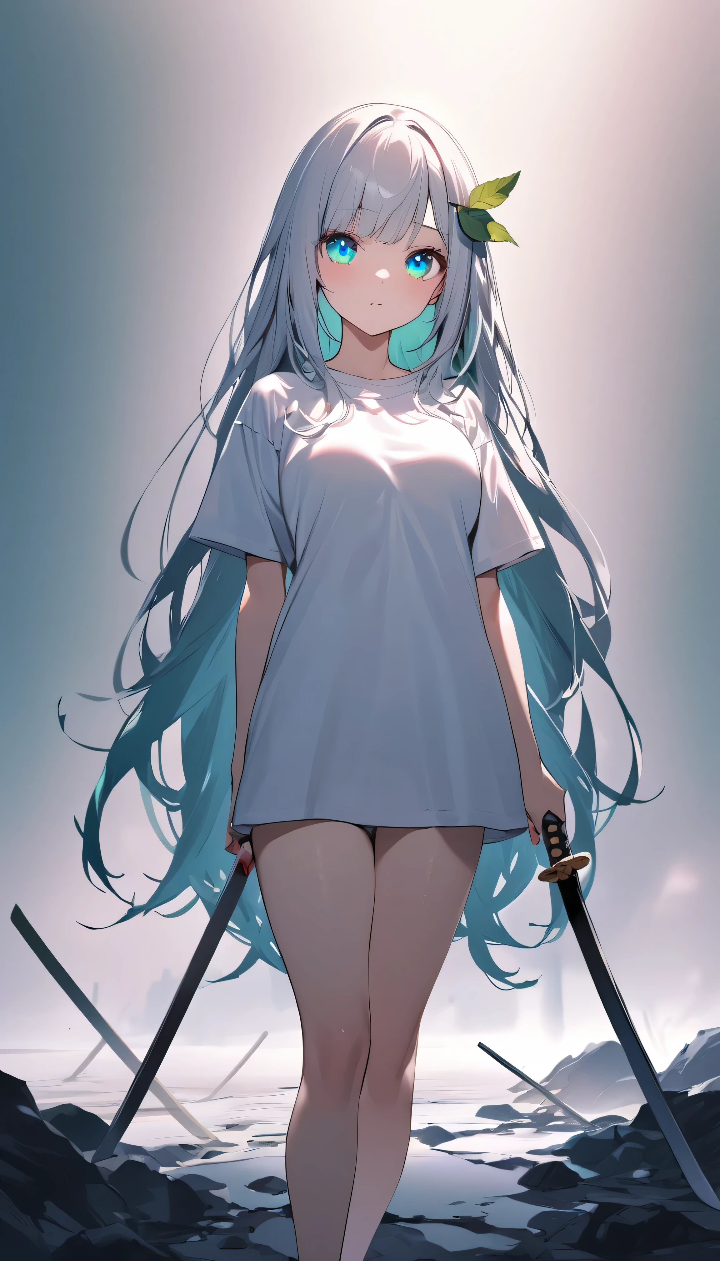 Masterpiece, saturate, full HD, best quality, 1girl, ( young girl, cute girl), slim body.medium breast, white  light hair.detailed beautiful eyes. Glowing eye. Bright aqua eyes, long hair, bangs, white T - shirt oversized, holding katana. Green leaf hair ornament, shadows surrounding girl, foggy theme, rocky plain background and many swords sticking into the ground, foggy
 