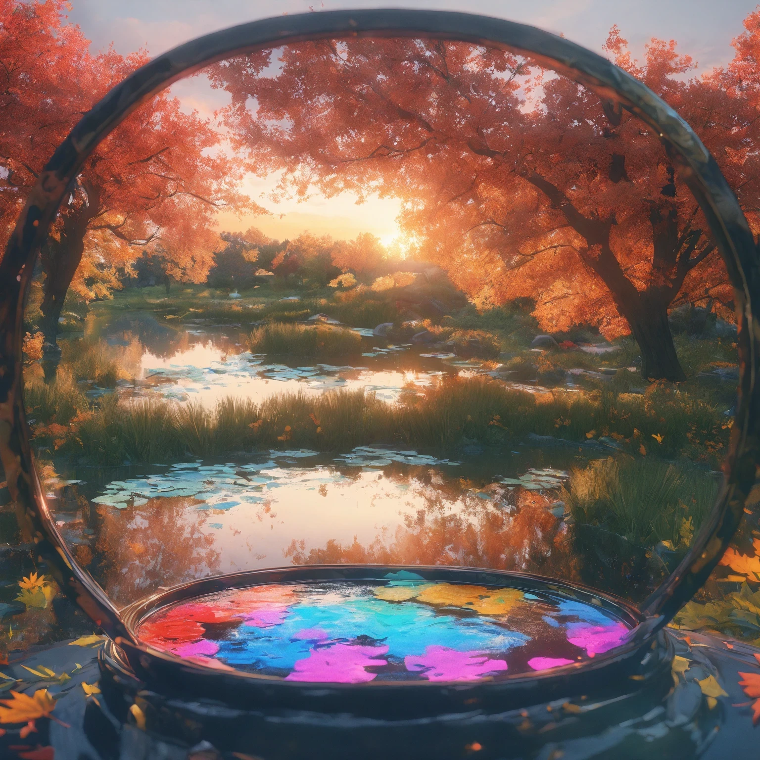 diy16,Highest quality, ultra-high definition, masterpieces, 8k, realistic, anime styled, 3d render,(Evening Pond:1.2), (8k, best quality, masterpiece:1.2), (ultra highres:1.0), extremely luminous bright design, pastel colors, (ink:1.3), autumn lights, High Detail, Sharp focus, dramatic, photorealistic painting art