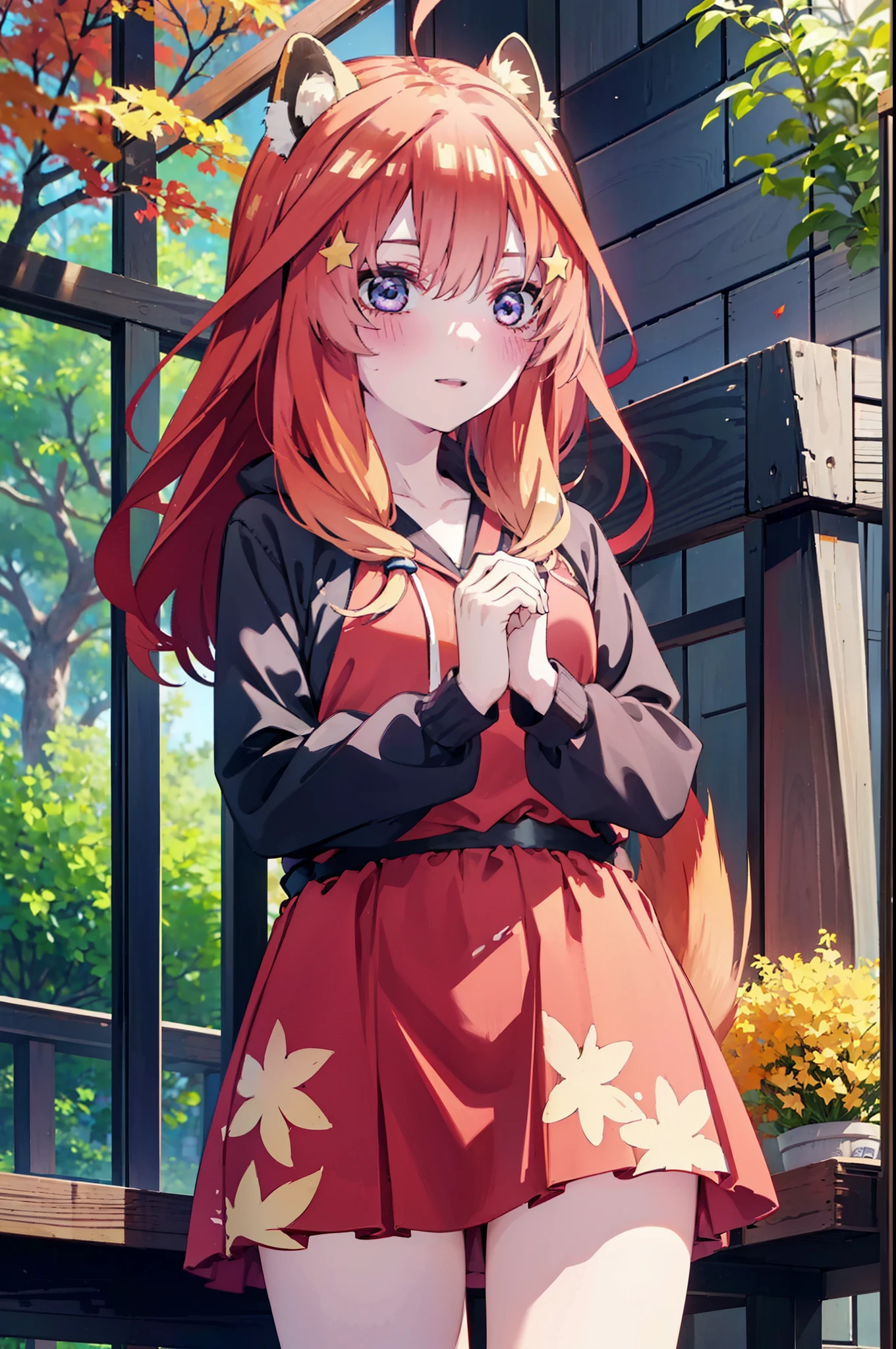 itsukinakano, itsuki nakano, bangs, blue eyes, hair between eyes, Ahoge, redhead, star \(symbol\), short braided hair,hair ornaments, star hair ornaments,smile,blush,animal ears raccoon ears,animal tail raccoon tail,red hoodie,white long skirt,Cute Sandals,autumn leaves,autumn leavesが散っている,autumn leaves道,whole bodyがイラストに入るように,night,moonlight,moonlight,
break outdoors,garden,
break looking at viewer,whole body,(cowboy shot:1.5),
break (masterpiece:1.2), highest quality, High resolution, unity 8k wallpaper, (shape:0.8), (beautiful deしっぽed eyes:1.6), extremely deしっぽed face, perfect lighting, extremely deしっぽed CG, (perfect hands, perfect anatomy),