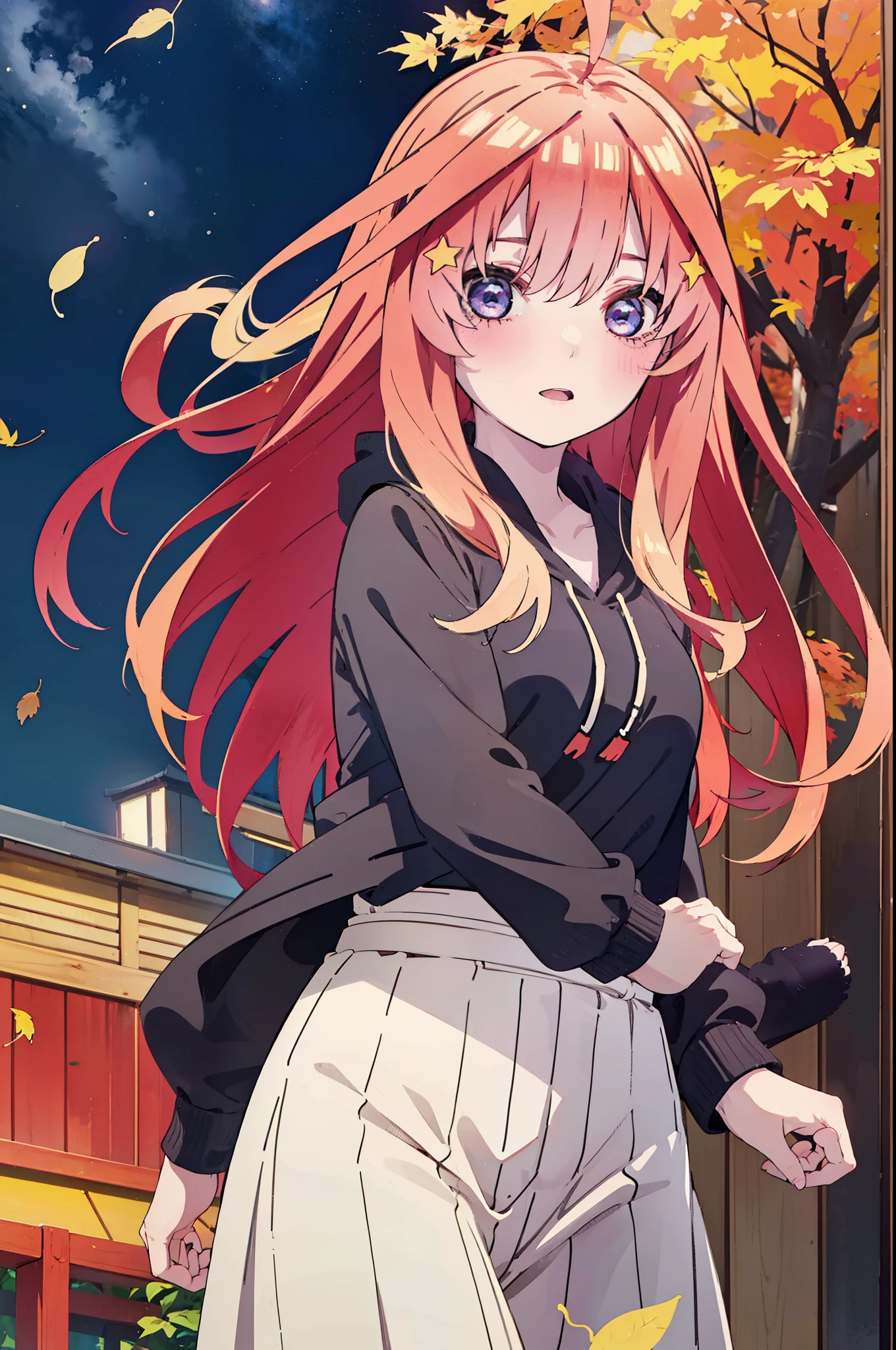 itsukinakano, itsuki nakano, bangs, blue eyes, hair between eyes, Ahoge, redhead, star \(symbol\), short braided hair,hair ornaments, star hair ornaments,smile,blush,animal ears　raccoon ears,animal tail　raccoon tail,red hoodie,white long skirt,Cute Sandals,autumn leaves,autumn leavesが散っている,autumn leaves道,whole bodyがイラストに入るように,night,moonlight,moonlight,
break outdoors,garden,
break looking at viewer,whole body,(cowboy shot:1.5),
break (masterpiece:1.2), highest quality, High resolution, unity 8k wallpaper, (shape:0.8), (beautiful deしっぽed eyes:1.6), extremely deしっぽed face, perfect lighting, extremely deしっぽed CG, (perfect hands, perfect anatomy),