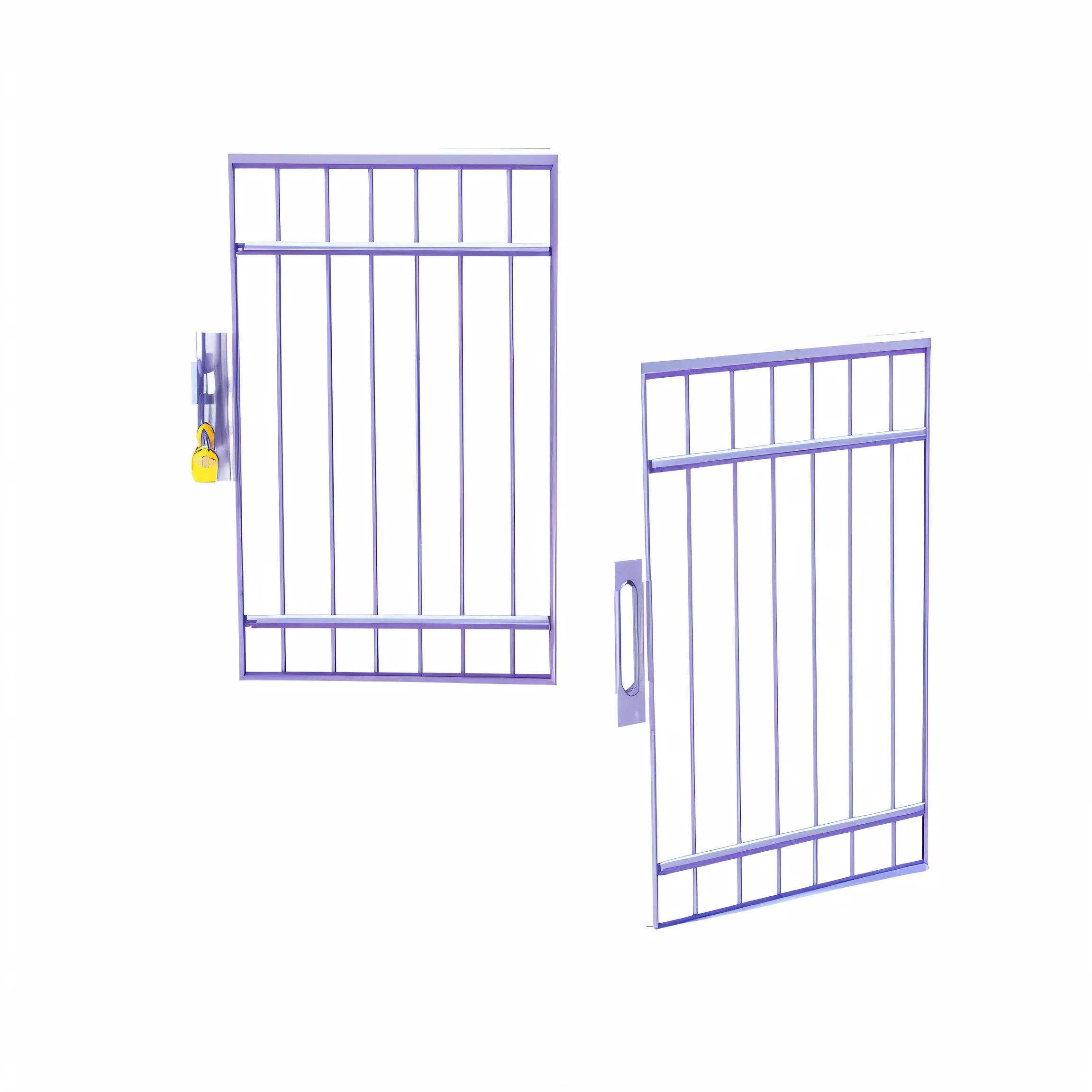 there are two metal gates with a lock on them, steel window mullions, cell bars, bars on the windows, prison bars, half textured half wireframe, cages, glass panes, panels, doors, gate, 3d model, 3 d model, small fence, metal bars, iron gate, sun set, iron frame, purple crystal glass inlays