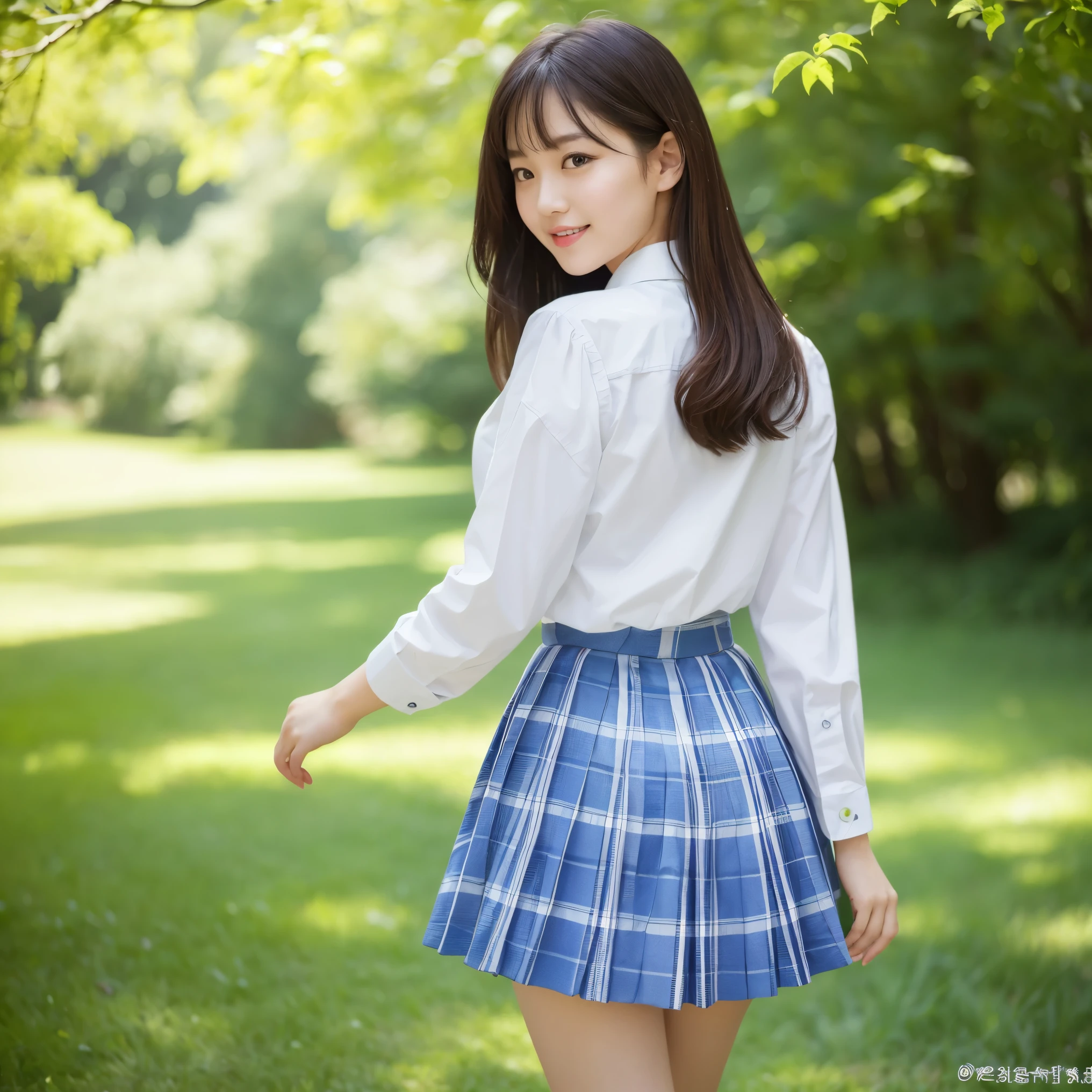 (highest quality、table top、8K、best image quality、Award-winning work)、one high school girl、、(alone:1.1)、perfect beautiful composition、A composition that beautifully frames the head、(Huge breasts that are about to burst:1.2)、(emphasize body line:1.1)、slender body、(perfect and accurate white polyester shirt:1.1)、(Navy plaid pleated skirt:1.1)、(Photo on the foot:1.2)、look at me and smile、(Beautiful park background with strong blur:1.1)、The most natural and perfect beauty park、Perfectly maintained regular park、stand gracefully、natural makeup、(beautiful and thick legs:1.1)、beautiful feet、Ultra high definition beauty face、ultra high definition hair、Super high-definition sparkling eyes、(Super high resolution glossy skin:1.1)、Super high resolution glossy lips、accurate anatomy、(very bright and vivid:1.1)、(my back is turned:1.3)、(turn your butt towards me:1.2)、(look back at me:1.2)、(big and beautiful hips:1.1)、(Highlights your beautiful hip line:1.1)