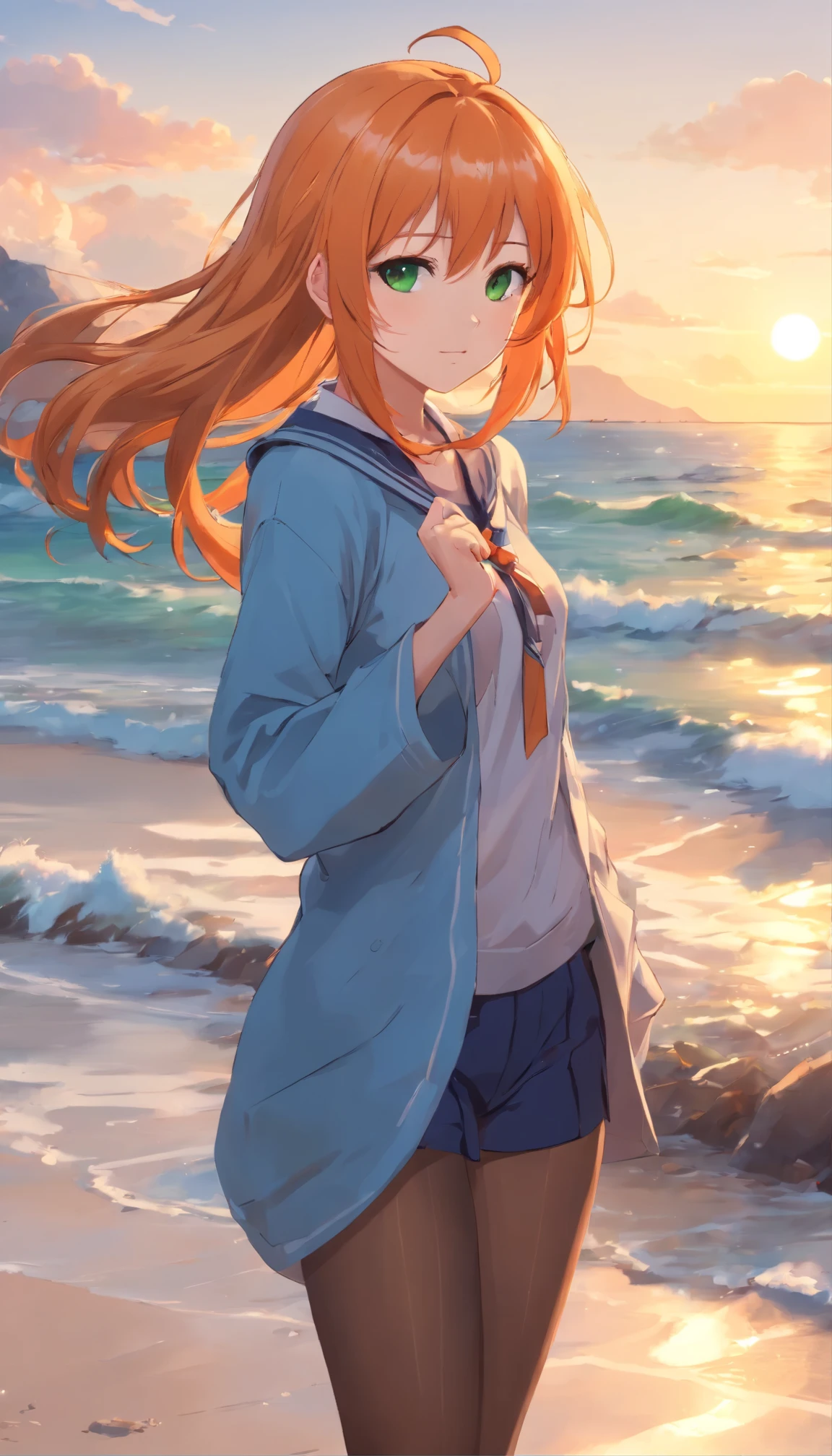 Anime girl with long orange hair, standing on the beach near the ocean, green eyes detailed digital anime art, anime girl with long hair, гладкое аниме cg art, anime girl with long hair, digital anime art, work in Guweiz style, Beautiful anime portrait, Photorealistic render of an anime girl, pantyhose, Beautiful anime girl, advanced digital anime art, guweiz на artstation pixiv HD UHD HQ
