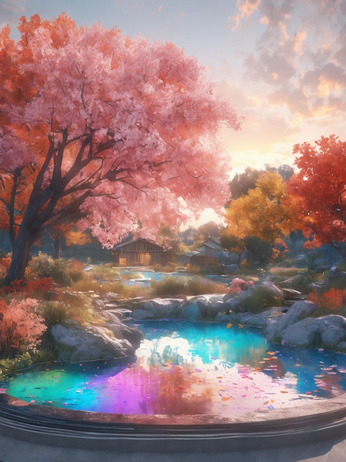 diy1,Highest quality, ultra-high definition, masterpieces, 8k, realistic, anime styled, 3d render,(Evening Pond:1.2), (8k, best quality, masterpiece:1.2), (ultra highres:1.0), extremely luminous bright design, pastel colors, (ink:1.3), autumn lights, High Detail, dramatic, photorealistic painting art
