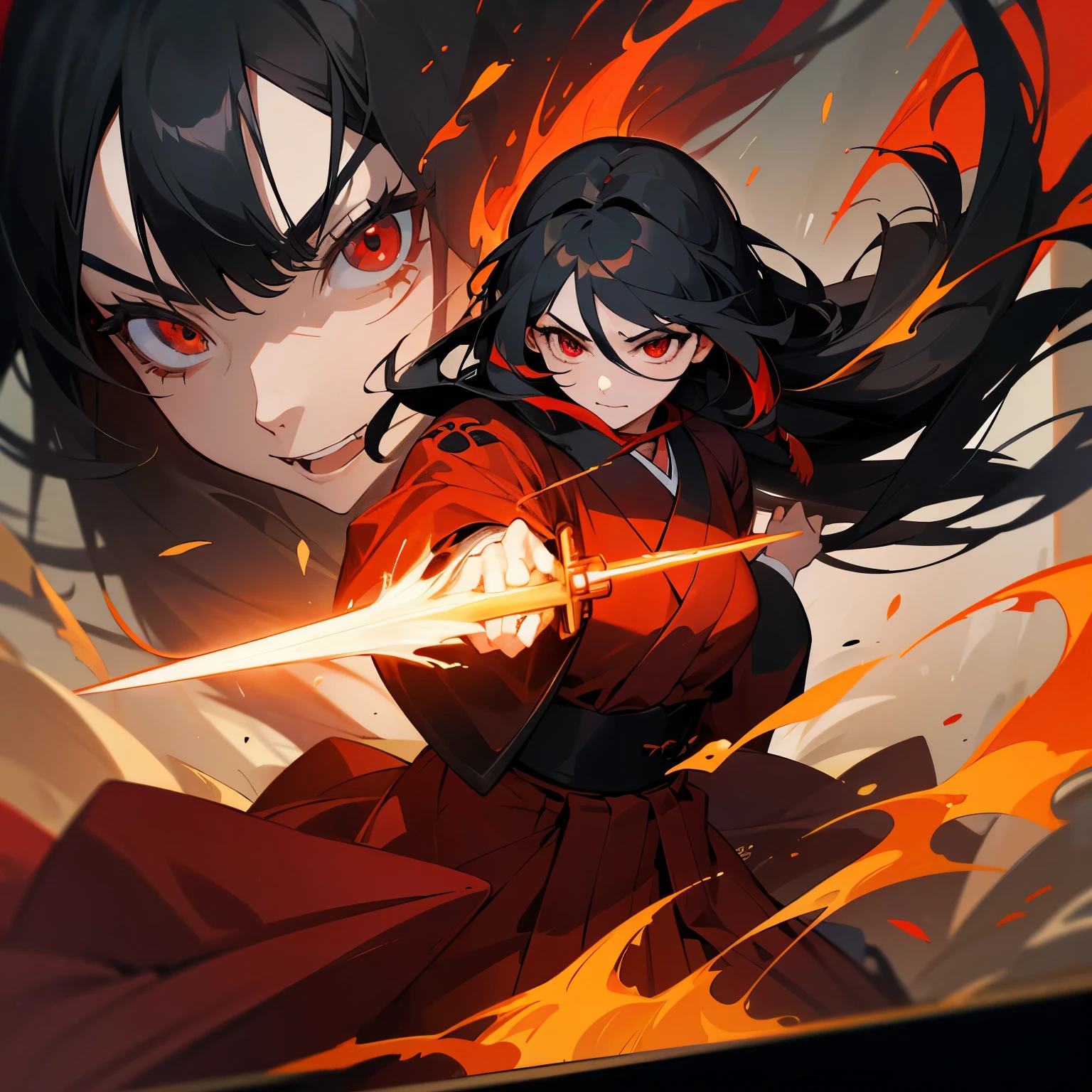 4K，2D，(masterpiece)，one person，Brave Woman，long black hair，Coarse hair，red eyes，dignified face，Red Hakama，black kimono，red collar，anthropomorphic phoenix，in flames，has a Japanese sword，Action cartoon-like，